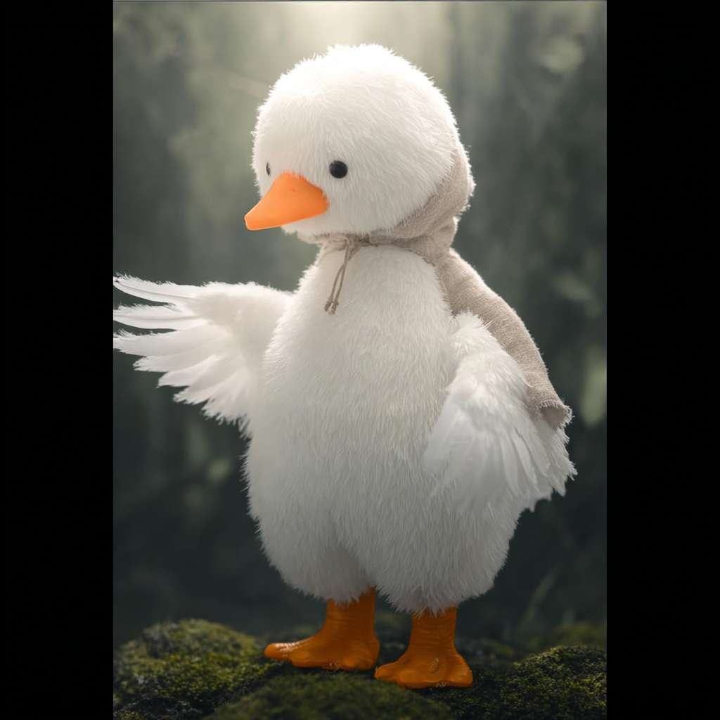 https://img-xpc-mj0.xpccdn.com/prod/upload/6142d541-9b9c-4c57-8e6b-ad78daa441dd/ME1753784848498.png~tplv-5yakomv5zn-auto-v1%3A1024%3A0%3Aq75.jpg 这幅图中有个少年和一个白色的鹅。少年和鹅差不多高，少年穿着全身的斗篷，侧面对着我，斗篷的帽子很大，看不到脸。鹅胖胖的，样子像上传图一样两小只面对面站着，鹅伸出自己的翅膀，少年也伸出自己的小手，翅膀和小手相碰。图的背景是一片森林，底部是布满青苔的石头，少部分会漏出石头本来的样式。从上空打下一束柔柔的光，光子漂浮着巨大的孢子 --ar 1:1 --v 7 --stylize 100 --fast --iw 1 --no 水印