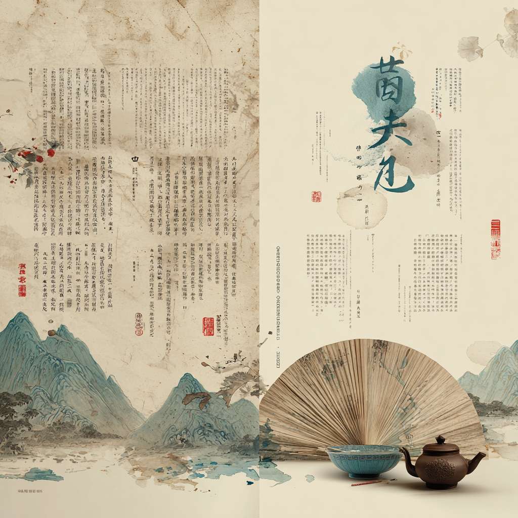 "Horizontal layout, left side: faded ancient Chinese book pages, right side: vertical '养心' in seal script, below it a teapot, Tai Chi fan, and blue-white porcelain bowl, soft beige and cyan colors, light ink-wash mountains at bottom, traditional Chinese style, 1200x600 pixels" --ar 1:1 --v 7 --stylize 100 --fast --no 水印