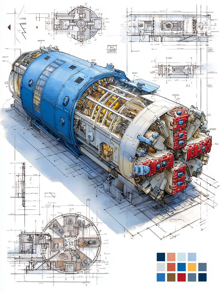 Tunnel Boring Machine (TBM) cutaway perspective blueprint illustration, dramatic wide-angle composition, three-quarter overhead view. Main subject: a highly detailed low-profile modern TBM (Earth Pressure Balance type) rendered in realistic hand-drawn watercolor sketch style, placed on clean white background. Features include: rotating cutterhead with disc cutters and scrapers, with watercolor texture and hand-drawn ink precision. Framed composition with architectural exploded-view edge sketches and directional arrows. Top-right corner includes a color palette swatch block, featuring: steel gray, industrial blue, soil brown, hydraulic red, and lining concrete white. --ar 3:4 --v 7 --stylize 100 --fast