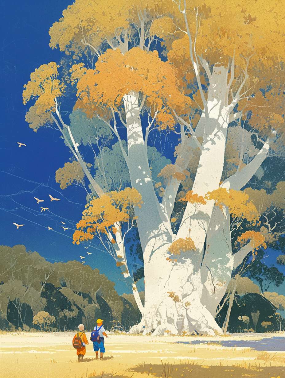 Mobius strip composition, in the yellow-green autumn day, a group of children carrying backpacks walking in the forest for an autumn outing, surrounded by huge white linear trees, the trees are complex linear color lines, there are flying birds in the sky, the illustration is drawn in a flat style of color lines, with yellow-green as the main color, in the style of Van Gogh's paintings, 64K --ar 3:4 --stylize 1000 --fast --niji 6