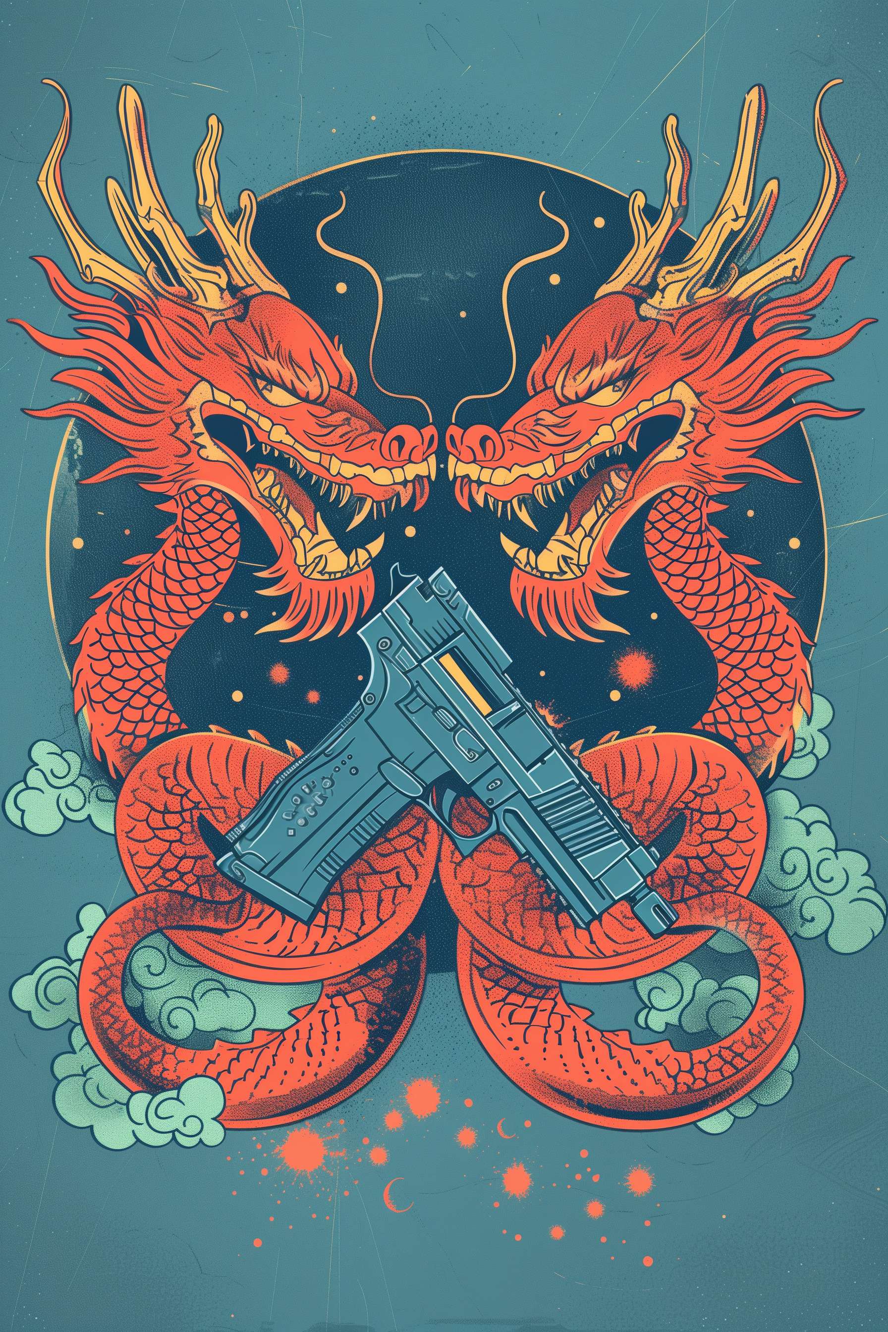 ### **命令1:核心图腾对撞版**(适合前胸大图)
```prompt
T-shirt design front, Chinese dragon king and Thailand naga snake facing each other, crossed IPSC pistols between them, blue cyan gradient background with glowing particles, silk screen print style, flat vector illustration, bold outlines, cultural fusion art --ar 2:3 --v 6 --style raw --stylize 100 --fast