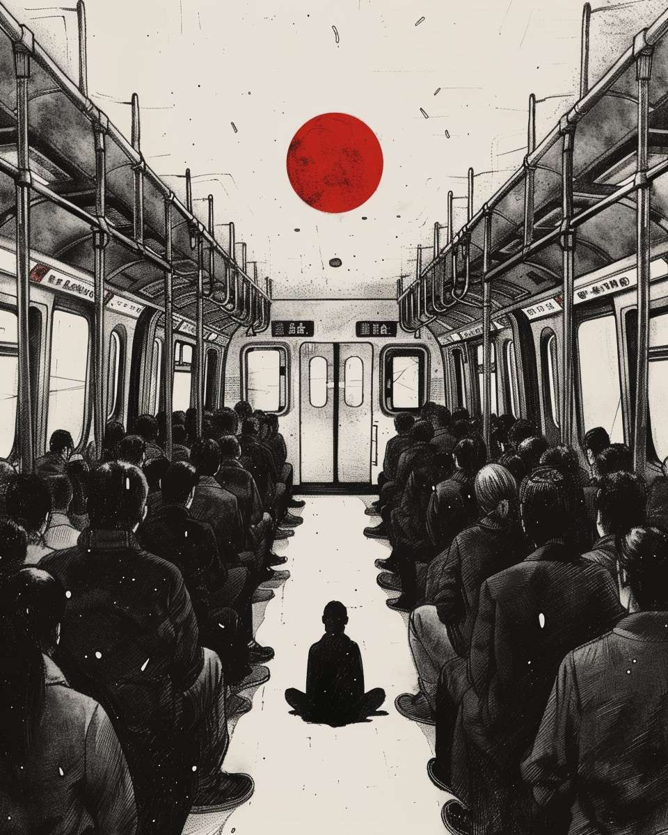 Chinese ink style, crowded subway with empty space where a person meditates, black and white with single red dot, no text, no faces, Zen atmosphere --ar 4:5 --v 6 --stylize 100 --fast