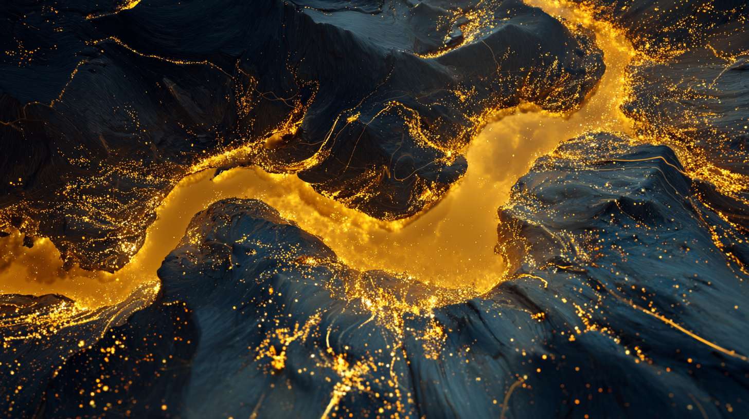 AI画面关键词:
a powerful yellow river flows through canyons like a golden dragon, rushing towards the vast sparkling ocean, top-down drone shot, dynamic, particles and light trails, mix of Chinese ink style and digital art, holographic visualization --ar 16:9 --v 7 --stylize 100 --fast --no 水印