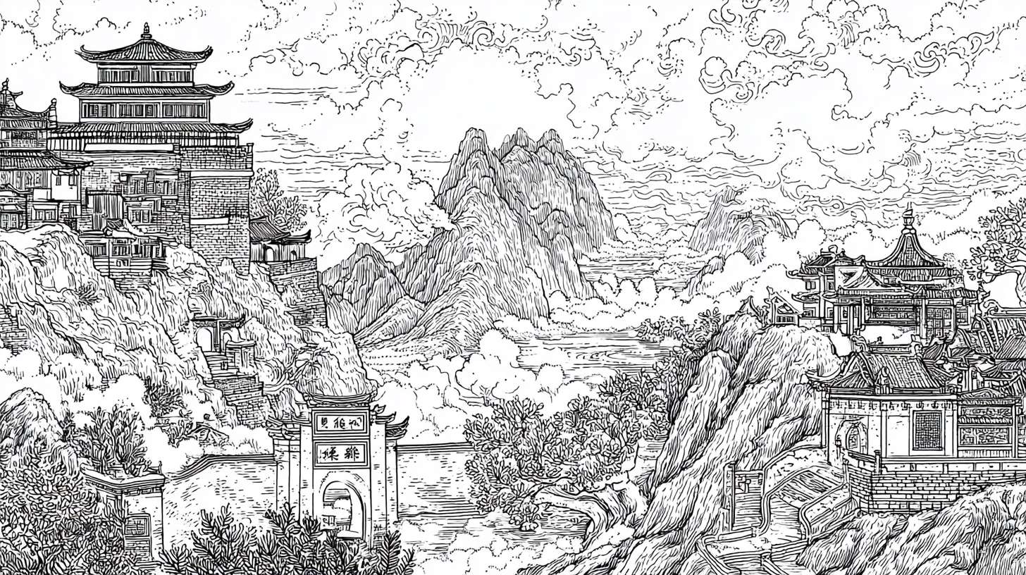 这是一幅黑白线描风格的中式山水建筑插画,展现传统山水与人文景观融合的场景,可从以下维度描述:
山水基底:远景是层叠山峦,以长短线条勾勒岩石纹理,山间缭绕云气(曲线表现),营造悠远意境;中景河流蜿蜒,线条简洁勾勒水流动势。
人文建筑:近景有中式牌坊,匾额刻字(虽难辨认但强化文化符号); 分布着传统坡顶建筑,瓦片以斜线阵列呈现;还有塔楼,通过直线与折线组合塑造层叠结构,丰富天际线。
细节点缀:画面两侧有植物(果实、叶片),以细密线条描绘,增添生机; 穿插人物(如建筑旁、路上的小人),虽简约但点明 “有人间烟火” 的生活感,整体传递出古典山水意境与人文底蕴 。 --ar 16:9 --v 7 --stylize 100 --fast --no 水印