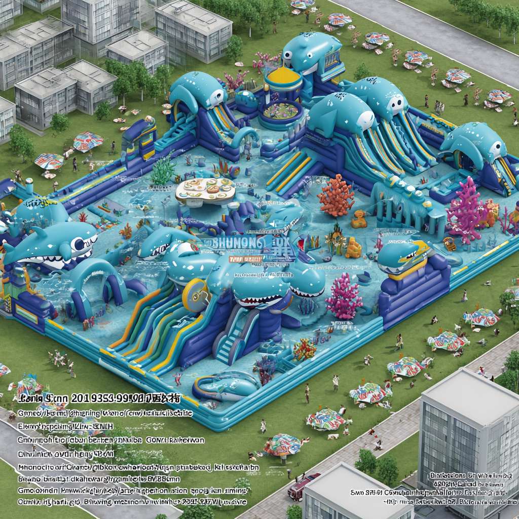 “Cartoon - style large inflatable playground, underwater shark theme. Aerial view, colorful sea - inspired colors (blue, turquoise, purple). Play structures shaped like sharks, sea creatures, coral reefs. Set in an outdoor grassy area (mock underwater scene with “sea - like” green lawn), surrounded by cartoon - simplified buildings. Leisure facilities (umbrellas, tables) match the theme. Bright, playful, high - detail cartoon rendering, family - friendly” --ar 1:1 --v 7 --stylize 100 --fast