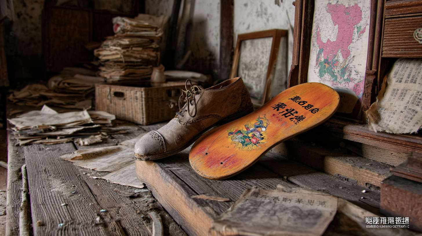 https://img-xpc-mj0.xpccdn.com/prod/upload/98677ad4-1d7d-4b12-b527-0e8a8f4f1793/%E6%8F%8F%E8%BF%B0%E6%9C%A8%E5%B1%90%E9%9E%8B%E5%9C%BA%E6%99%AF.png~tplv-5yakomv5zn-auto-v1%3A1024%3A0%3Aq75.jpg 将木屐鞋缩小，一只木屐鞋在老宅阁楼，堆满旧衣柜，藤箱和散落的报纸， --ar 16:9 --v 7 --stylize 100 --fast --iw 1 --no 水印