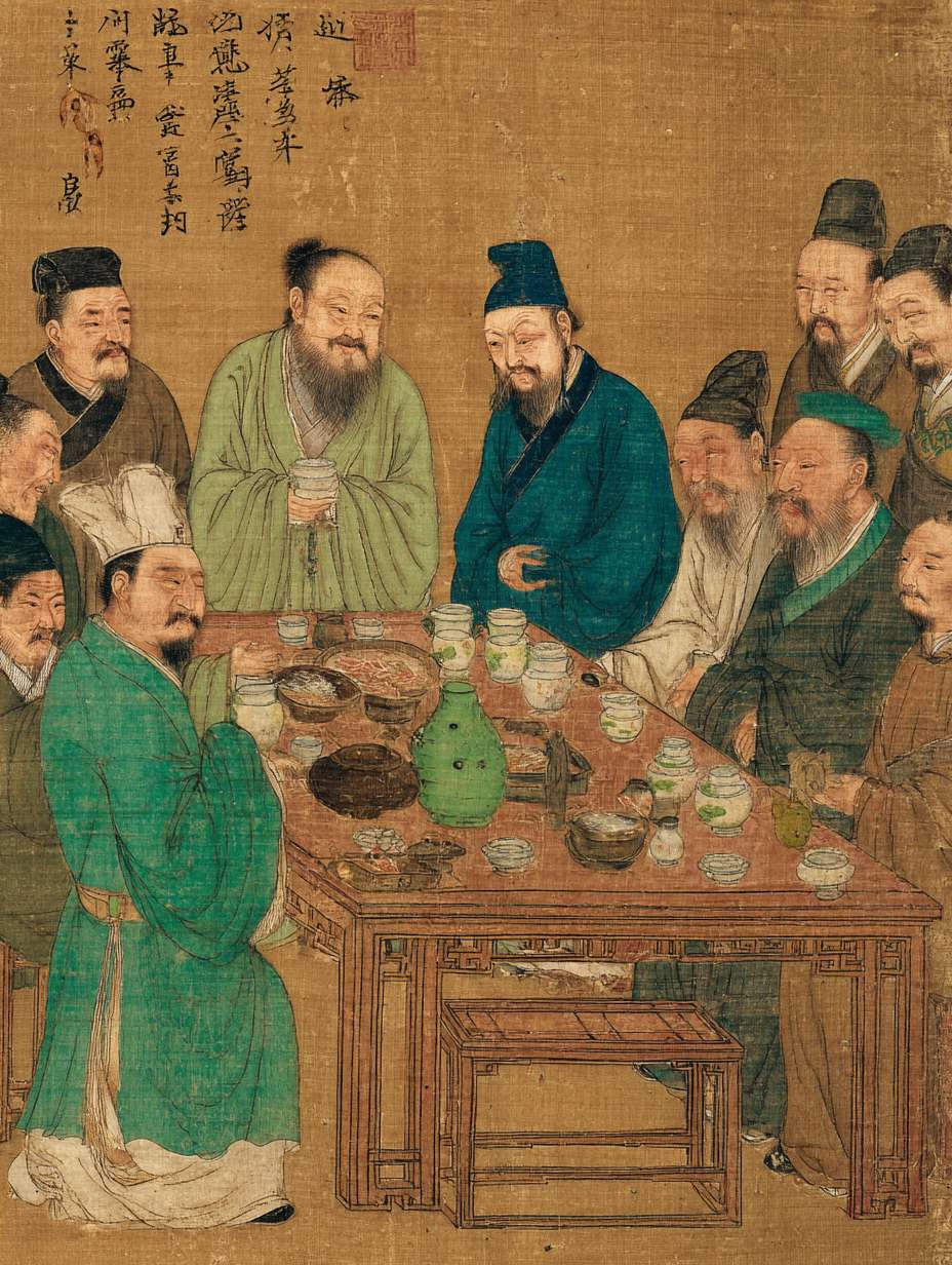 宋代茶馆内客人因饮水问题不适场景，客人腹痛表情，郎中诊治，茶馆老板愧疚赔罪，茶具和水源特写，中国传统医学元素，青绿色调 --ar 3:4 --v 7 --stylize 100 --fast --no 水印