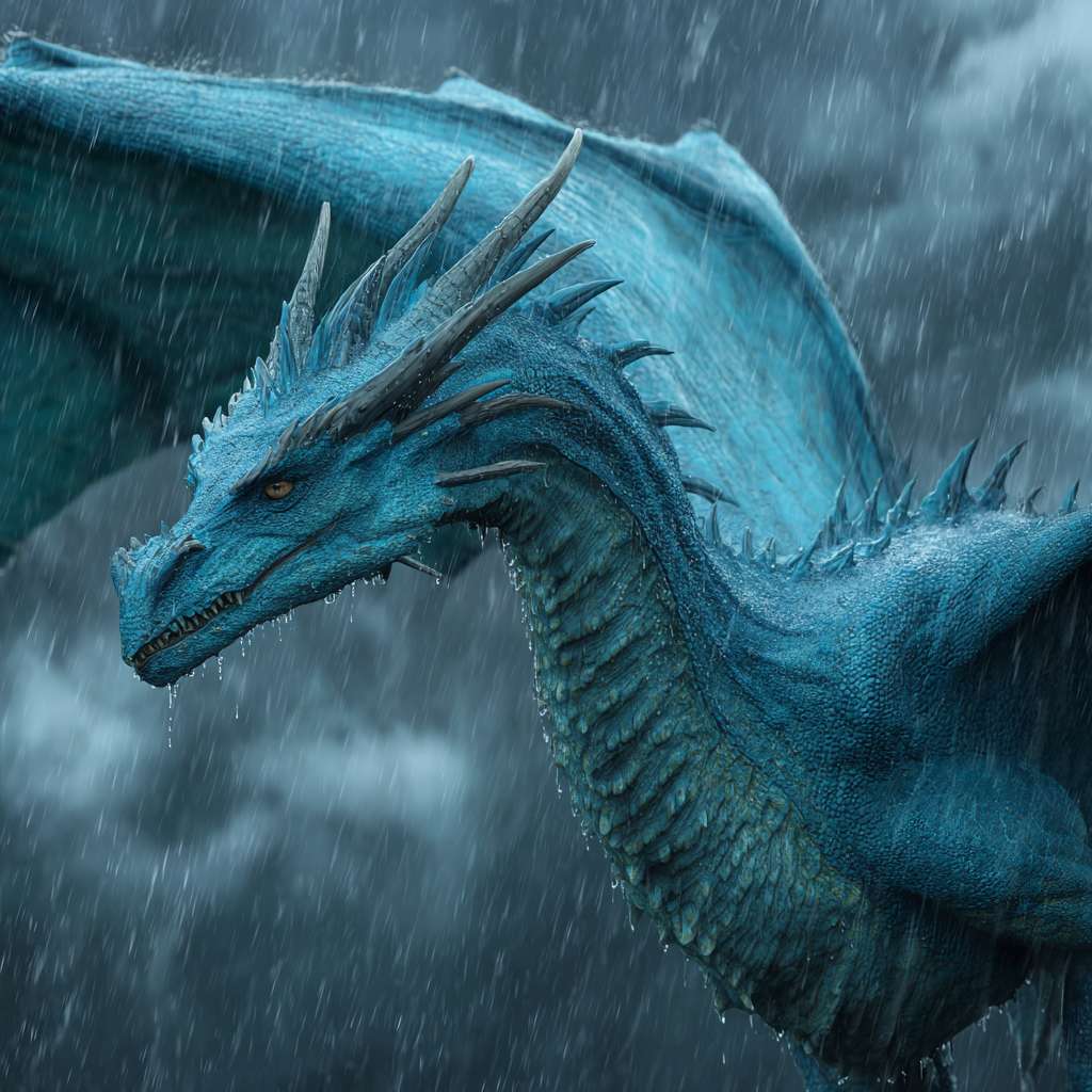 超写实 4K ，完整的一只细节丰富的白龙在暴雨中穿行，每一片鳞片都反射着周围的光线与雨水。水珠附着在龙角与翅膀上，龙翼有力扇动，驱散雨滴与云雾。特写镜头展现龙的皮肤纹理与肌肉运动，中景镜头呈现龙在云层间穿梭的完整身姿。真实的雨水物理效果，空中可见雨滴飞溅与涟漪，光线完全遵循闪电与阴天的自然规律。 --ar 1:1 --v 7 --stylize 100 --fast --no 水印