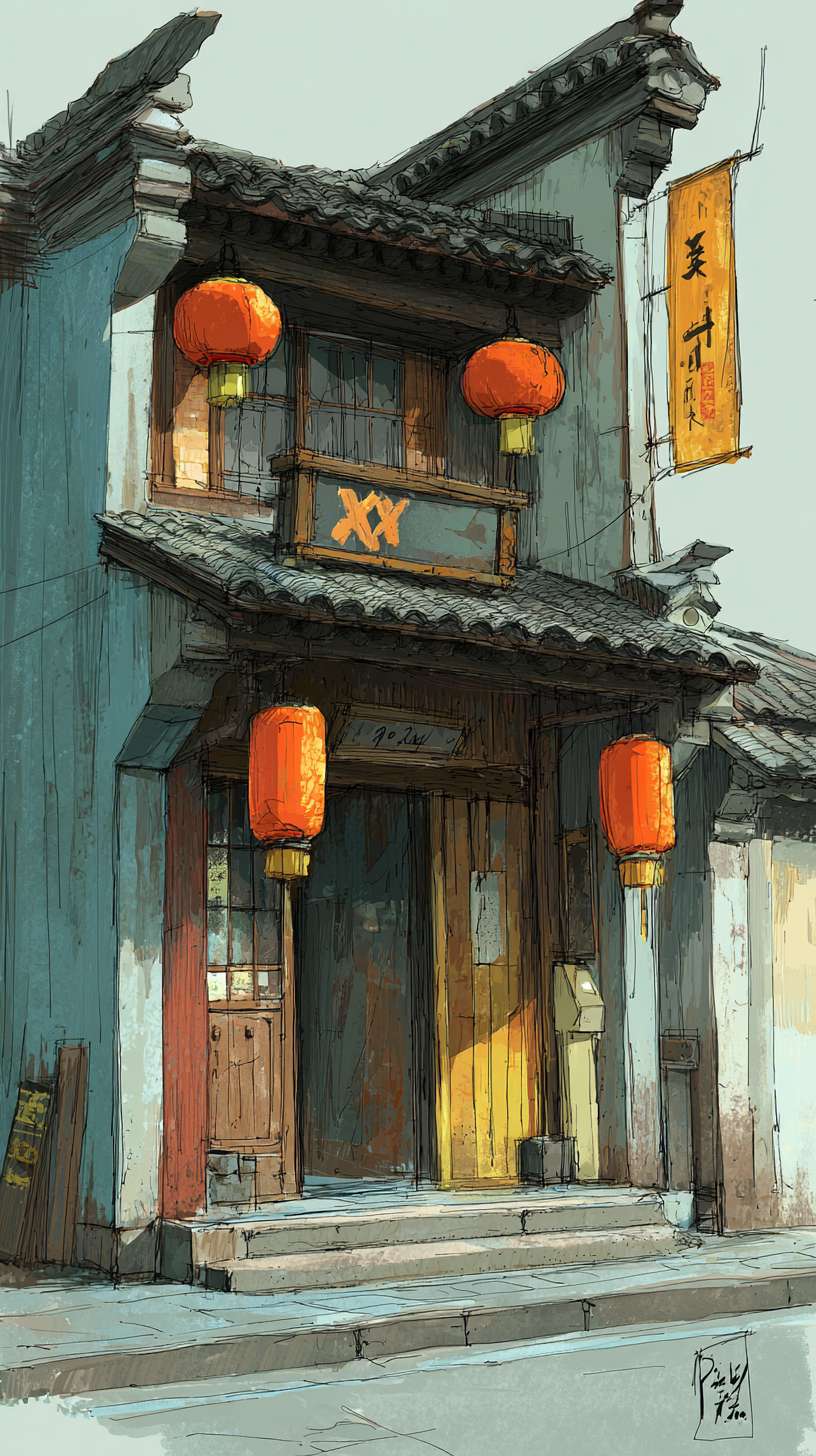 客栈
构图:竖版近景,主体为两层木质客栈(临街门面),右侧屋檐延伸至画面外核心元素:- 客栈:斗拱结构(细墨线条)、木质门板(淡墨纹理)- 装饰:红色灯笼(3-4 个,挂于屋檐下)、酒旗(“XX 客栈” 毛笔字)- 地面:青石板路(淡墨横线条)
主色调:黄褐色(R160-180, G140-160, B110-130)辅助色:- 灯笼:朱红色(R180-200, G60-80, B60-80,饱和度≤60%)- 酒旗:米黄色(R190-200, G170-180, B140-150)统一适配:黄褐色明度与新手村灰蓝色保持一致,避免过暖刺眼
1. 客栈木质纹理笔触与武馆木人桩纹理一致2. 灯笼轮廓线条粗细与兵器架兵器线条一致3. 屋檐斗拱结构比例与新手村茅屋屋檐比例统一 --ar 9:16 --v 7 --stylize 100 --fast --no 水印