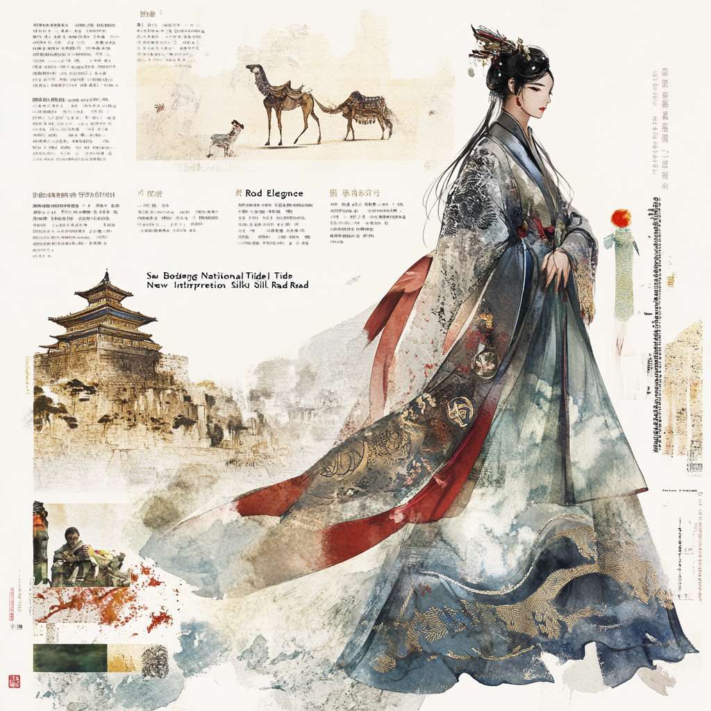 一、设计主题
“丝路风华・波司登国潮新绎”
聚焦于展现丝绸之路所承载的多元文化以及中华传统美学，通过丝绸这一独特材质，将古老的文化记忆与现代时尚潮流相融合，打造出别具一格的国潮纺织产品，让波司登丝绸系列成为传承与创新的时尚典范。
二、图案设计
（一）文化元素提取与融合
丝绸之路沿线古迹图案：从敦煌莫高窟壁画、楼兰古城遗址等丝绸之路标志性古迹中汲取灵感。例如提取莫高窟壁画里的飞天形象、藻井图案等，对其进行简化和风格化处理，保留其灵动飘逸、神秘奇幻的艺术特点，再结合现代的平面设计手法，使其线条更加流畅简洁，以适应现代时尚产品的呈现需求。
古代商旅元素：融入古代丝绸之路中商队、骆驼、驼铃等元素，象征着那段东西文化交流、商贸往来频繁的历史。可以把骆驼与驼铃的形象进行卡通化或几何化设计，赋予其趣味性与现代感，比如将骆驼设计成简约的几何形状拼接而成，驼铃则用线条勾勒出时尚的造型，搭配在丝绸面料上，营造出充满故事感的图案氛围。
传统民族图案融合：沿着丝绸之路，不同民族有着丰富多样的传统图案，像维吾尔族的艾德莱斯绸图案、蒙古族的云纹图案等。把这些具有民族特色的图案进行打散、重组，创造出既带有民族风情又具整体协调性的全新图案，展现中华民族多元一体的文化魅力。
（二）图案表现形式
手绘风格插画图案：采用手绘风格来绘制上述提取的各种元素，营造出一种艺术的、独一无二的质感。可以运用水彩、彩铅等多种手绘工具结合的方式，比如先用彩铅勾勒出图案的轮廓，再用水彩上色，呈现出色彩柔和、过渡自然的效果，然后通过数字化扫描、处理后印制在丝绸面料上，让产品仿佛带着艺术创作者的温度和情感。
复古印章式图案：借鉴古代印章的形式，将丝绸之路相关元素设计成一个个独立的印章图案，如把 “丝路” 字样与骆驼图案组合成印章样式，以传统的朱红、黛青等印泥颜色呈现，再在丝绸上进行有规律的排列或错落有致的分布，营造出古朴、典雅又带有历史厚重感的视觉效果，很适合应用在丝绸围巾、手帕等配饰产品上。
抽象线条图案：对丝绸之路的文化元素进行抽象提炼，用简洁的线条来表达，比如将飞天的飘带抽象成灵动的曲线，将古城墙的轮廓简化成硬朗的折线，然后通过线条的交织、重叠、疏密变化，构成富有节奏感和现代美感的图案，这种图案形式更具简约时尚感，适合用于设计丝绸衬衫、领带等相对简洁的单品。
（三）图案布局
中心对称布局：对于一些具有仪式感的丝绸产品，如长款礼服、大型披肩等，采用中心对称的图案布局方式。以一个核心的图案元素（如经过艺术处理后的大型藻井图案）为中心，四周环绕着与之相呼应的辅助元素（如简化的飞天形象、云纹等），营造出端庄、大气、和谐的视觉感受，彰显国潮产品的高雅格调。
自由散落布局：在丝绸睡衣、休闲丝绸外套等产品上，运用自由散落的布局方式。将各种大小不一、形态各异的丝绸之路元素图案随意地散布在面料上，就像记忆碎片洒落在丝绸的世界里，给人一种随性、灵动且充满艺术气息的感觉，符合这类产品轻松、舒适的穿着氛围。
分层递进布局：针对丝绸长裙、风衣等长款单品，按照从上到下或者从外到内的顺序进行分层递进式的图案布局。比如，在丝绸长裙的领口处用精致的小印章图案作为点缀，裙摆处则逐渐展开成大幅的、更复杂的壁画风格图案，形成一种视觉上的递进效果，引导视线，增加产品的层次感和故事性。 --ar 1:1 --v 6.1 --stylize 100 --fast