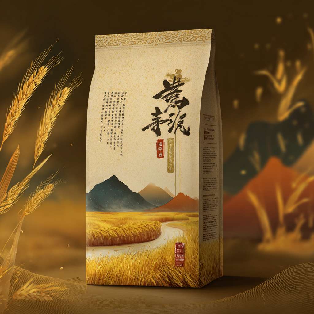 裕道府「黄金麦源」面粉包装效果图设计说明
主题:自然奢华 × 河套产地溯源
1. 整体风格
材质:哑光牛皮纸盒 + 局部烫金/浮雕工艺
形状:方正盒型(5kg手提式,顶部预留握把凹槽)
2. 正面视觉
上半部分:
透明开窗:椭圆形亚克力窗口,露出内部面粉实物(强调粉质细腻、无添加的乳白色)。
品牌标识:左上角烫金“裕道府”LOGO,字体采用书法体+现代衬线结合。
下半部分:
主视觉插画:手绘河套平原麦田,金色麦穗随风摇曳,远处阴山山脉轮廓+黄河水元素,色调为秋收黄+雾霾蓝(天空)。
产品名:居中大字“黄金麦源”,下方小字“内蒙古河套平原硬红麦·5kg”。
3. 侧面设计
左侧:
卖点图标:
🌾 北纬40°黄金产区
☁️ 低速研磨·零添加
🏆 蛋白质≥13.5%
右侧:
产地故事:简笔地图标出河套平原位置,配文案“黄河水滋养·一年一季麦”。
4. 顶部/底部细节
顶部:烫金麦穗图案环绕手提口。
底部:成分表、保质期、溯源二维码(扫码可看麦田实景)。
5. 配色与字体
配色:
主色:浅驼色(牛皮纸本色)+ 香槟金
辅助色:深褐(文字)、乳白(面粉色透出)
字体:
标题:衬线体(如思源宋体加粗)
正文:无衬线体(如HarmonyOS Sans) --ar 1:1 --v 7 --stylize 100 --fast --no 水印