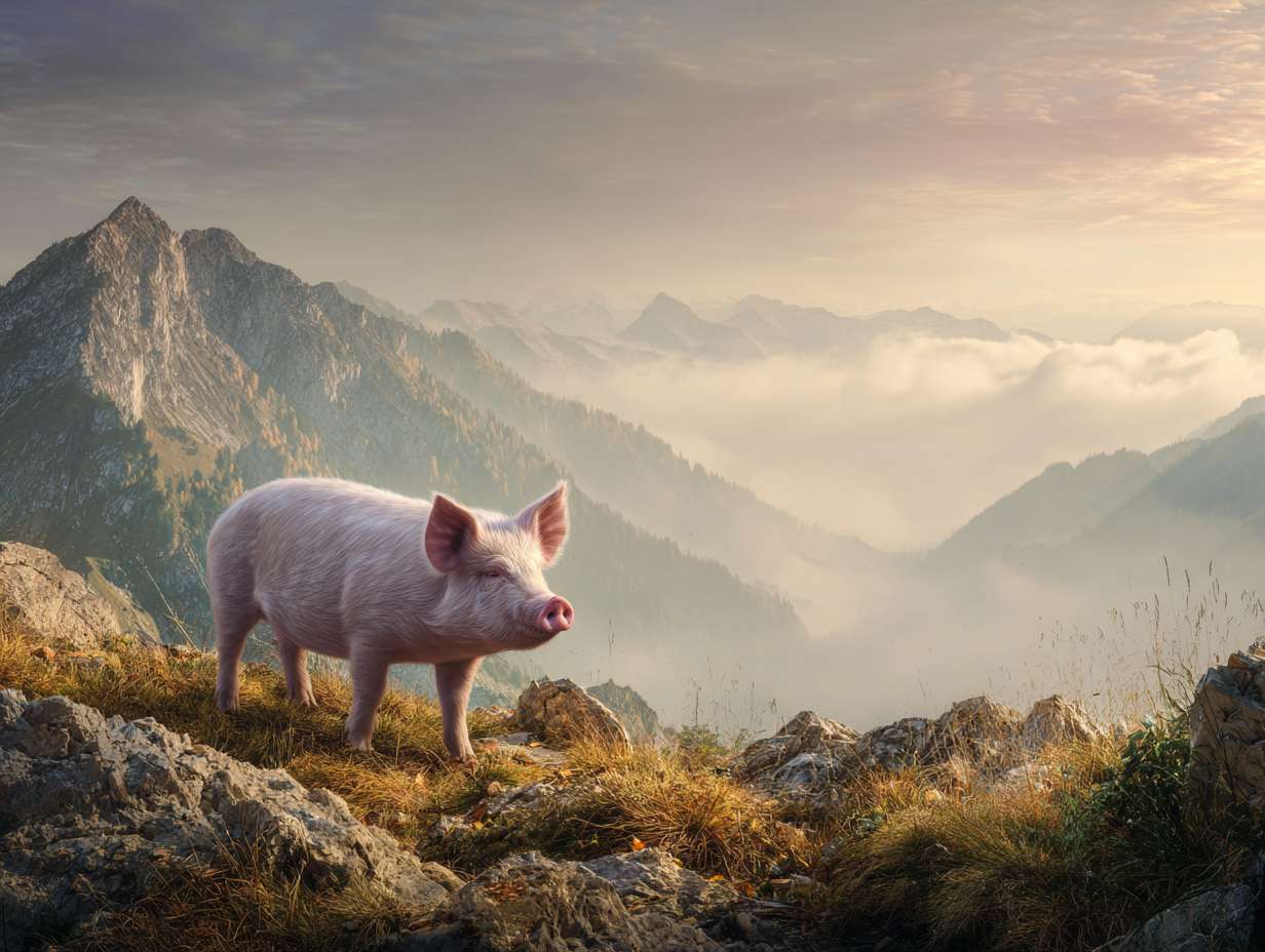 Photorealistic cinematic image，A pale pink pig on the grass next to the mountaintop, with a rocky mountain range behind it, and fog connecting the mountain range, full of warm colors and ultra high definition real materials， highly detailed photo. --ar 4:3 --v 7 --style raw --stylize 100 --fast