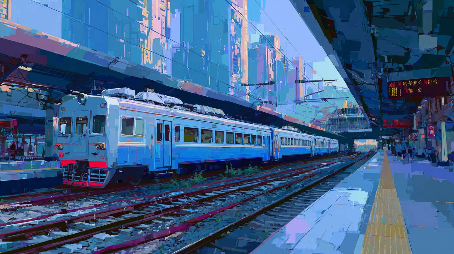 卡通效果，城市火车站， --ar 16:9 --v 7 --stylize 100 --fast --no 水印