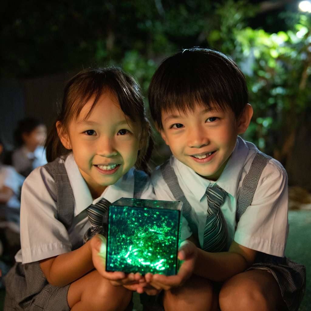 有2位穿著校服的華人小學生開心的表情雙手托起一個螢火蟲的正方體透明小盒子，盒子內的螢火蟲在青苔上發光 --ar 1:1 --v 7 --stylize 100 --fast --no 水印