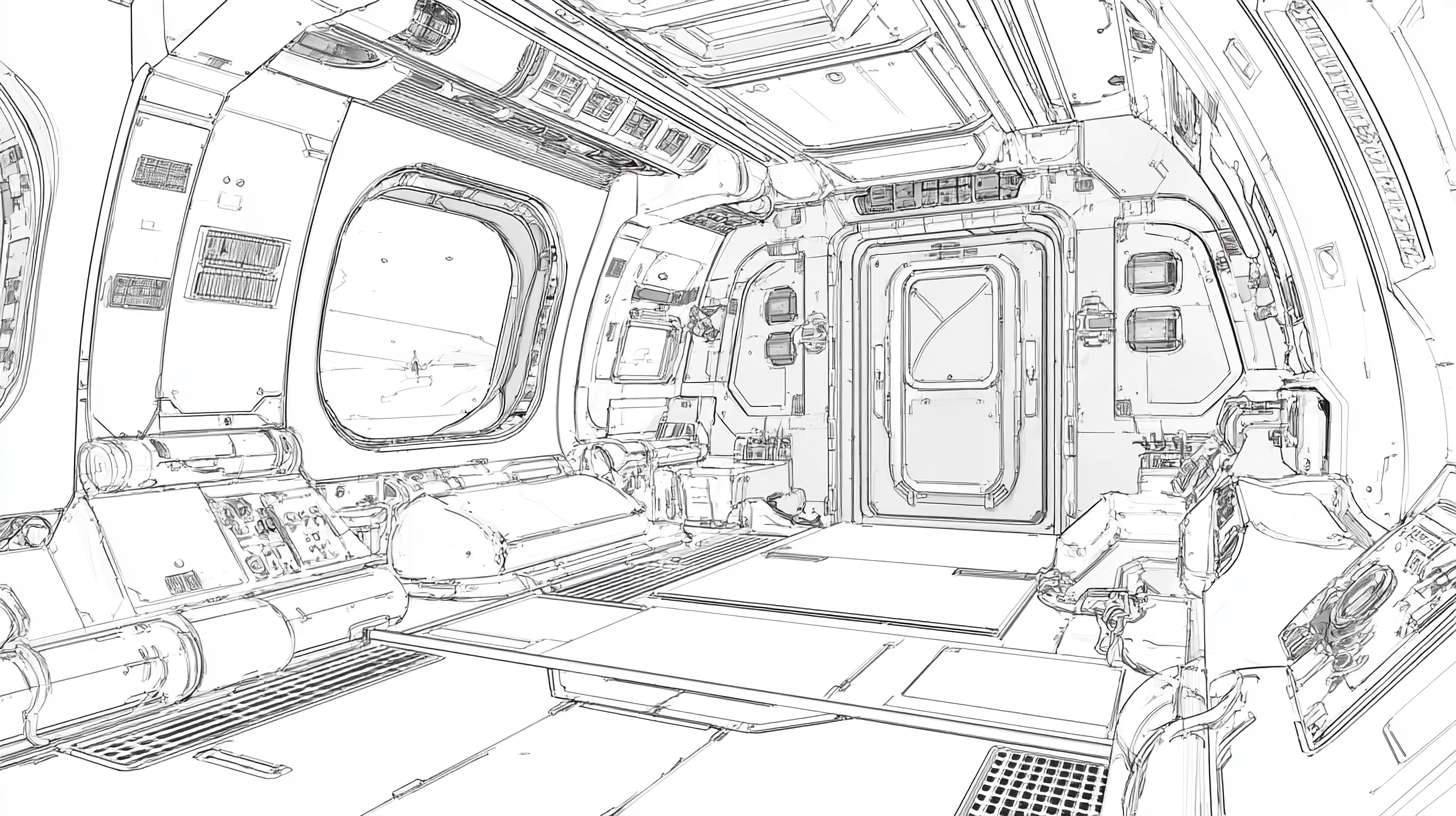 太空舱，舱内，立面图 --ar 16:9 --v 7 --stylize 100 --fast --no 水印