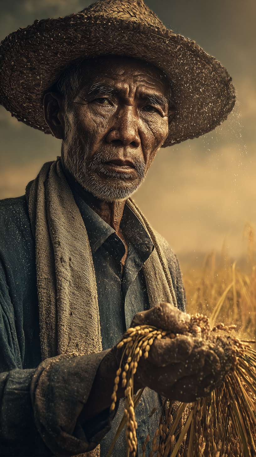 8K hyperrealistic portrait photography of an elderly Eastern farmer inspired by Yuan Longping's iconic image. Weathered bronze skin bears deep terraced - field creases, his gaze fixed on distant rice paddies. Wearing a faded indigo cotton shirt with麻衣 texture, a sweat - soaked towel draped around his neck, his right hand plunges into golden rice stalks, grains cascading through his fingers. The background features undulating golden fields, dewdrops glistening under morning light. Shot in sidelight, dramatic chiaroscuro highlights wrinkles and perspiration. The brim of his straw hat casts natural shadows, emphasizing his focused expression. Dynamic blur captures falling grains, close - ups of calloused hands adding authenticity. The warm sepia tone palette evokes the historical gravitas of agrarian culture. --ar 9:16 --v 7 --stylize 100 --fast --no 水印