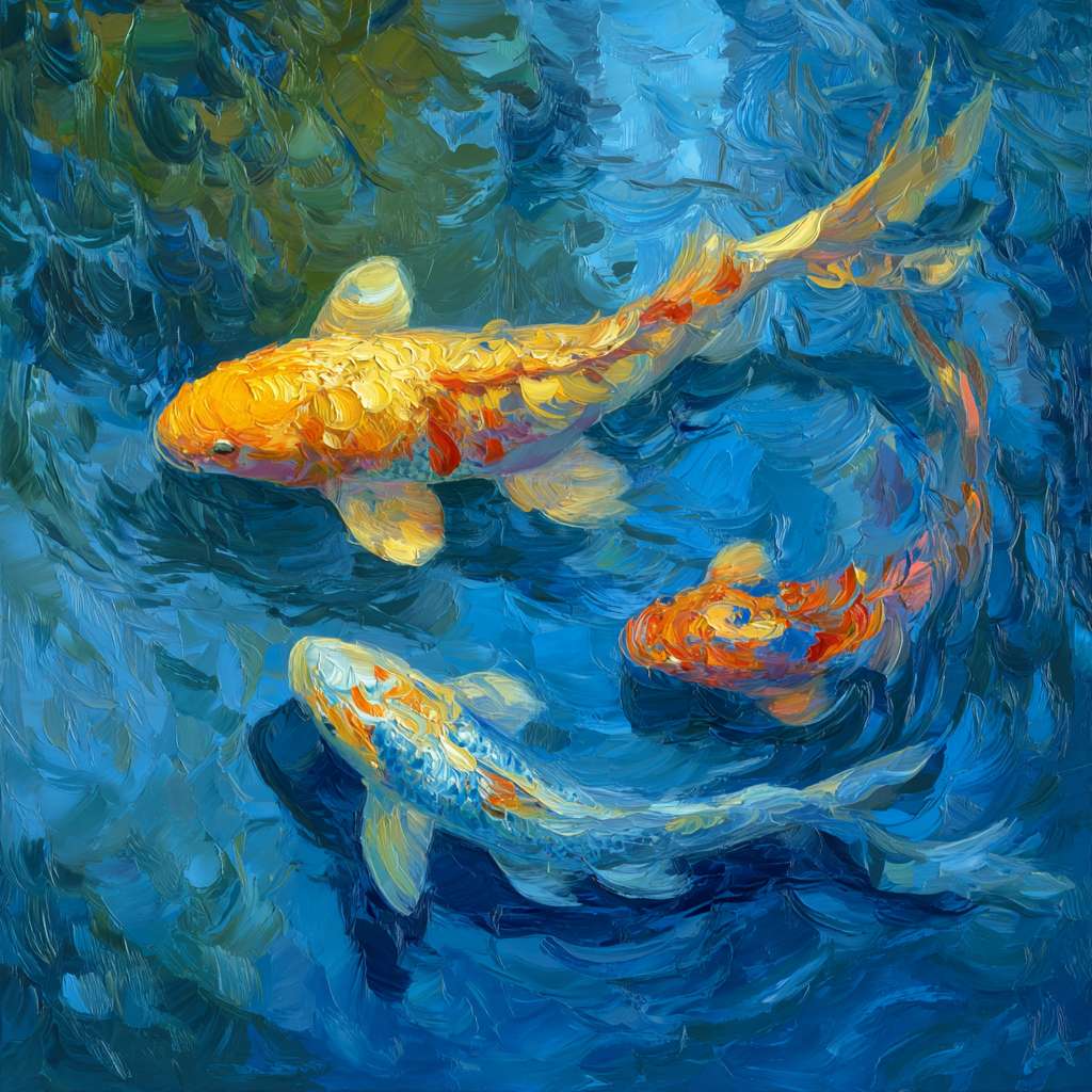 Surreal koi in blue water amid 五彩光影,thick impasto for water, thin lines for fish, oil.
Vibrant underwater scene: blue water, 五彩光影,and dynamic koi, 粗笔触 for texture, 细笔触 for agility, abstract.
Dreamlike blue water with rippling color and sinuous koi, expressive brushwork capturing motion, oil. --ar 1:1 --v 7 --stylize 100 --fast --no 水印