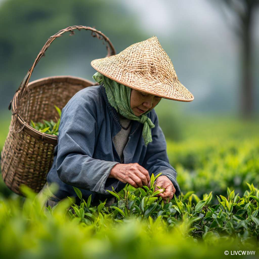 身着素雅布衣、头戴斗笠或裹着头巾的采茶女，在晨雾或春光中，灵巧的手指如蝶般在茶树枝头翻飞，精准地采摘“一芽一叶”或“一芽二叶”初展的嫩芽。身边挎着竹篓或茶篮。 --ar 1:1 --v 7 --stylize 100 --fast --no 水印