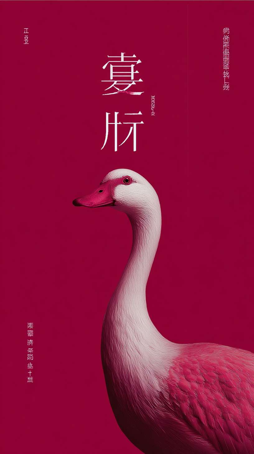 核心创意： 标题采用现代无衬线字体，与极简的几何化鸭头图形形成对比。

标题设计： 文字垂直排列，成为视觉焦点的一部分。背景使用纯色（深红）来最大化突出标题和图形。

整体氛围： 极其简洁、高端，像一本精美食谱的封面。 --ar 9:16 --v 7 --stylize 100 --fast --no 水印