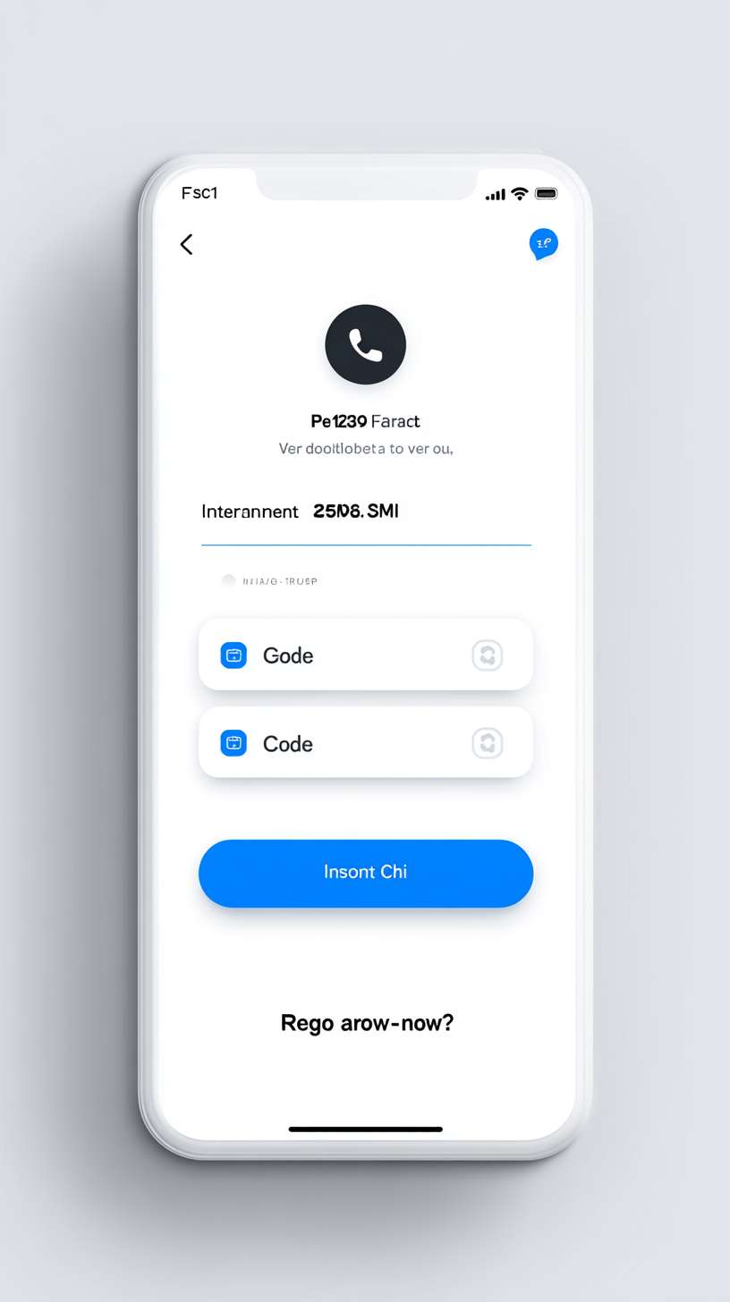 Mobile app login interface, minimalist flat style, light gray background (#F5F5F5), centered white card with rounded corners, phone number input field (left phone icon, gray hint text), verification code input field (left SMS icon, right "Get Code" blue text button), large blue (#2196F3) login button (white bold text), bottom text "No account?" (gray) + "Register now" (blue, no underline), top circular app icon + "Instant Chat" title (black bold text), clean interface, no extra elements --ar 9:16 --v 7 --stylize 100 --fast