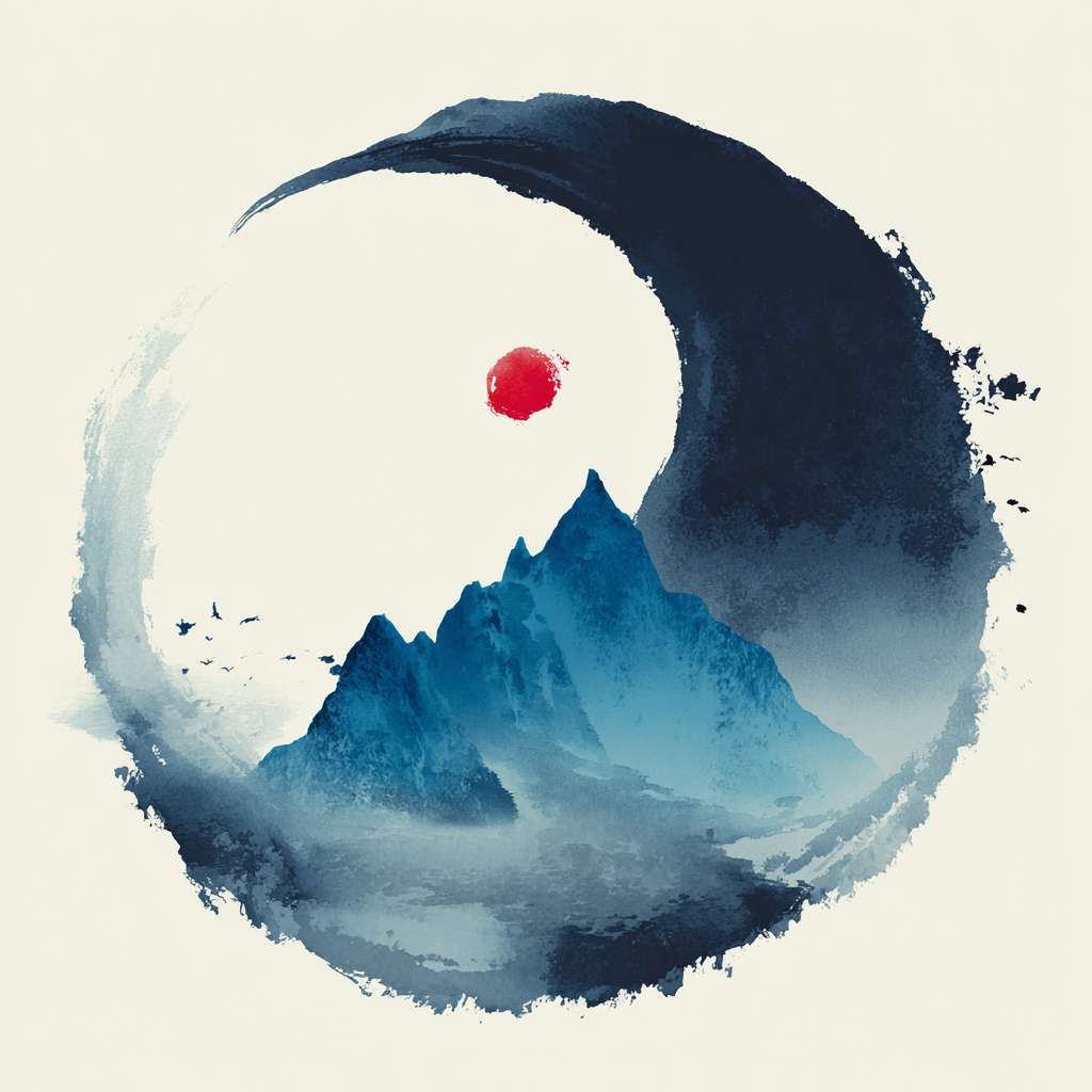 The circular logo adopts the traditional Chinese ink Tai Chi symbol (not a circle), with alternating shades of blue, black, and white. It is surrounded by a hazy silhouette of a blue mountain range, with a red dot in the center (only the red origin, symbolizing the sun). The mountain range extends slightly from the imaginary part of Tai Chi, adding artistic conception. The background is pure white, with a Zen style, simple design, no text, no watermark, high resolution, vector image, and white space at the edges of the image. Pay attention to the artistic conception of the image, and have a combination of movement and stillness --ar 1:1 --v 7 --stylize 100 --fast