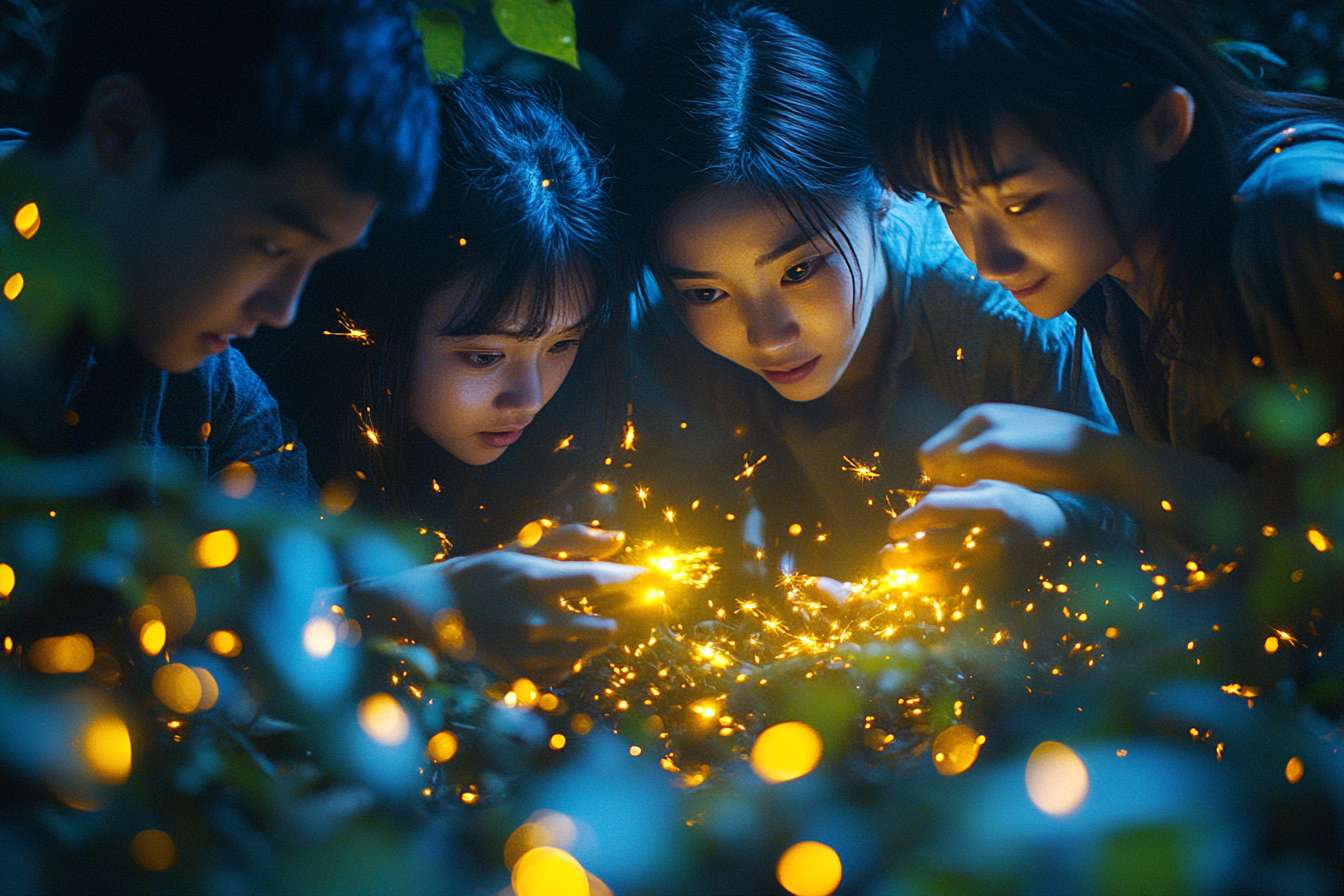 做一張亞洲青年人晚上在森林中探索螢火蟲的相片 --ar 3:2 --v 6.1 --stylize 100 --fast