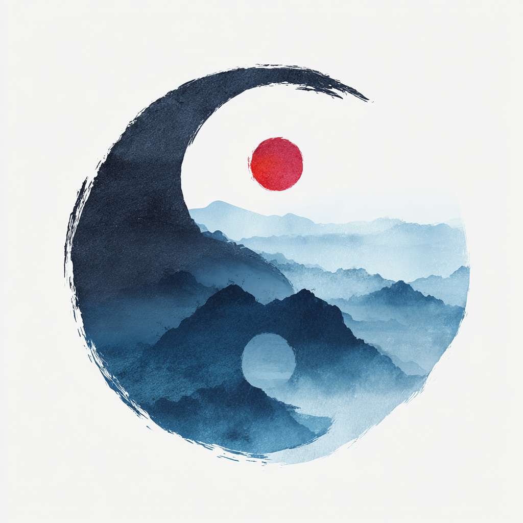 The circular logo adopts the Chinese ink wash Tai Chi symbol, with alternating shades of blue, black, and white, surrounded by a hazy silhouette of a blue mountain range. There is a red dot in the center and a pure white background, with a Zen style, simple design, no text, no watermark, high resolution, and vector graphics --ar 1:1 --v 7 --stylize 100 --fast