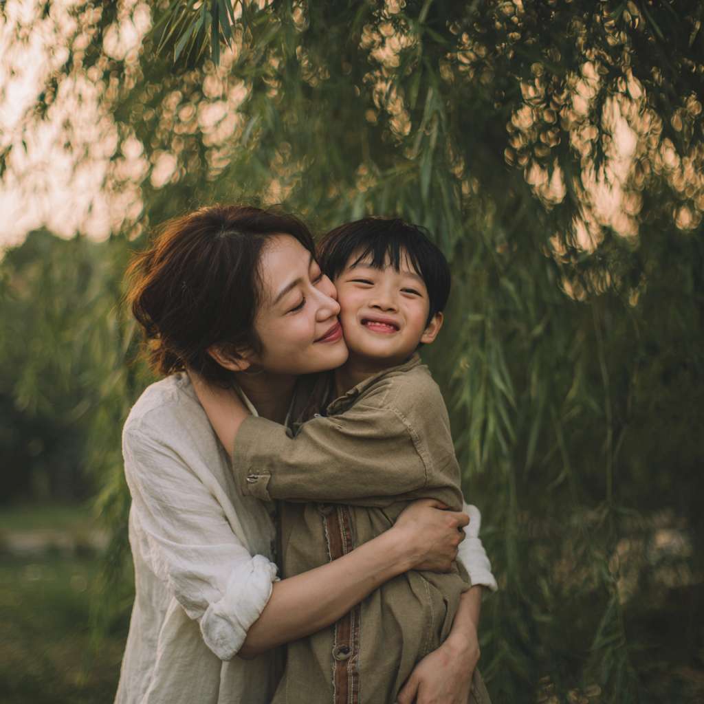 帮我生成一条图片：旁边的刘亦菲上前拥抱亲吻其脸庞 --ar 1:1 --v 7 --stylize 100 --fast --no 水印