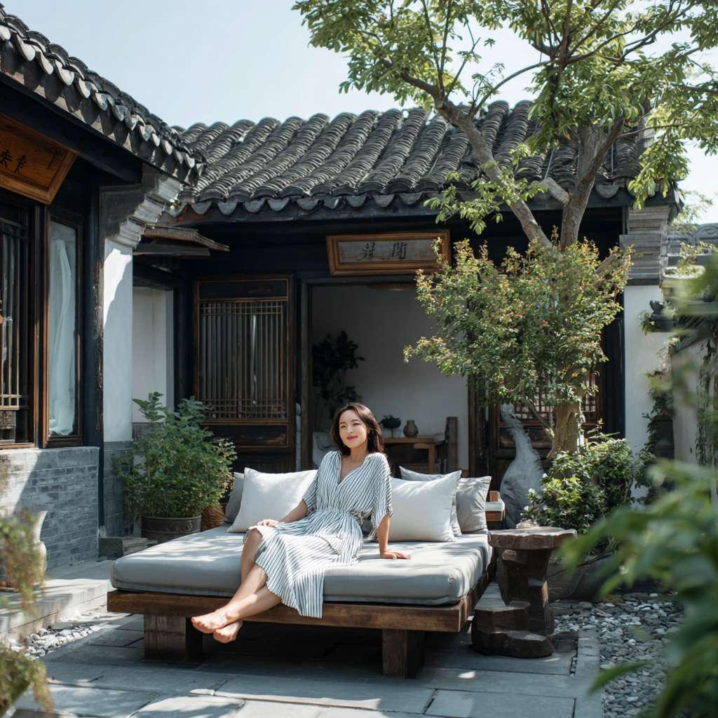 在一个白墙灰瓦的大理小院子里，一个美女在躺椅上悠闲的躺着晒太阳，院子里开满了画 --ar 1:1 --v 7 --stylize 100 --fast --no 水印