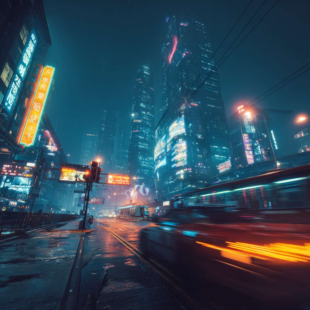 核心主题:-座雨夜中的赛博朋克风格城市。

必须元素:包含高耸的摩天大楼、发光的霓虹灯广告牌、空中飞驰的交通工具。

风格要求:色彩要鲜艳对比强烈，要有电影级的质感和细节。 --ar 1:1 --v 7 --stylize 100 --fast --no 水印