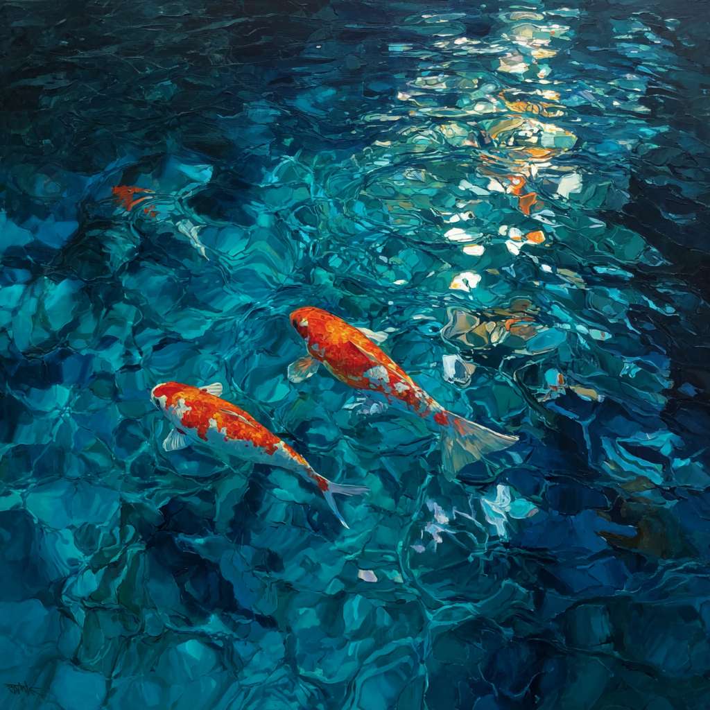 Dreamlike blue water with fractured light patterns and koi in motion, expressive brushwork capturing life and light, oil. --ar 1:1 --v 7 --stylize 100 --fast
