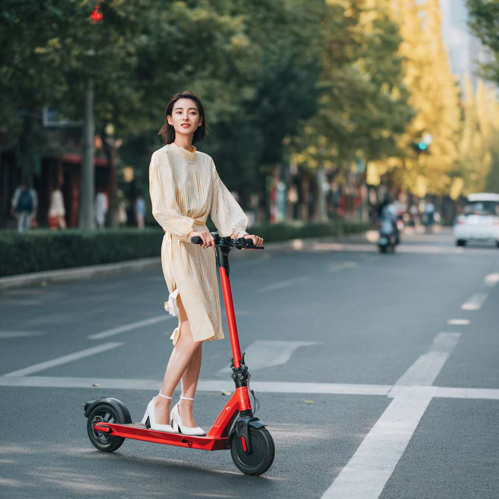 市普通的红绿灯十字路口，正在等绿灯，路口人很少，只有斜对面路口几个少年，有男孩有女孩，对面路口还有辆白色的车，看不起里面司机，到路两旁绿化树挺高叶子挺密，金秋十月，一位骑着电动车一只脚在踏板上，一只脚在地上，停车等绿灯，身穿连衣开叉中短裙，薄薄的肉色丝长袜，紧身庄重得体，脚穿白色高跟高跟鞋的 33 岁的女士，电动车前筐放着刚买的蔬菜，，一只手扶着把，一只手准备做摘头盔的动作，面朝拍摄角度微笑从脚和腿的低角度视角看到全部场景，女性全身入镜，不是局部，全景图能看到周边的绿化和店面，远处的路口和车辆 --ar 1:1 --v 7 --stylize 100 --fast --no 水印