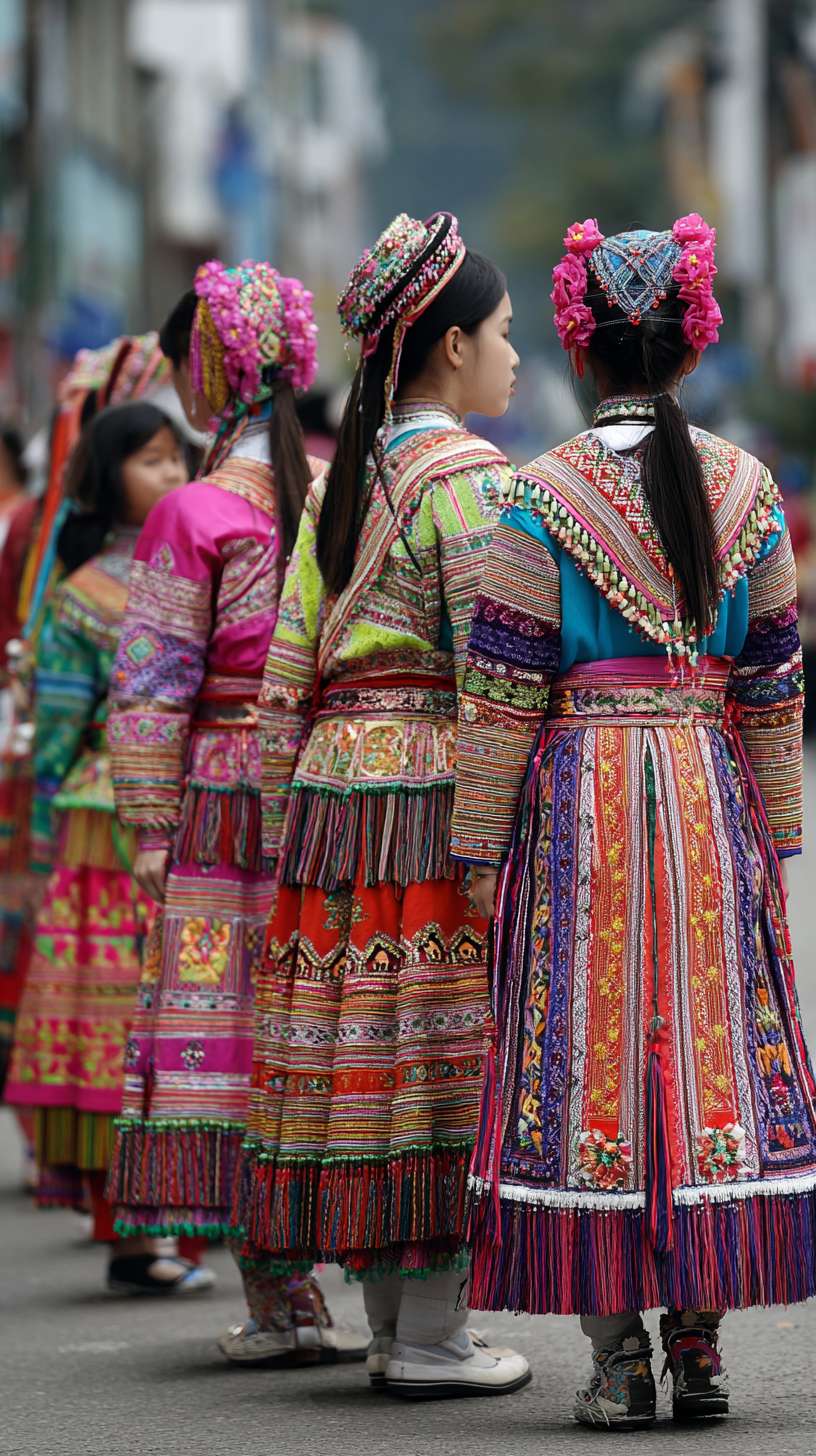 夏天西双版纳傣族少女成群结队在街上穿着民族傣家服饰，旁边有人骑着大象 --ar 9:16 --v 7 --stylize 100 --fast --no 水印