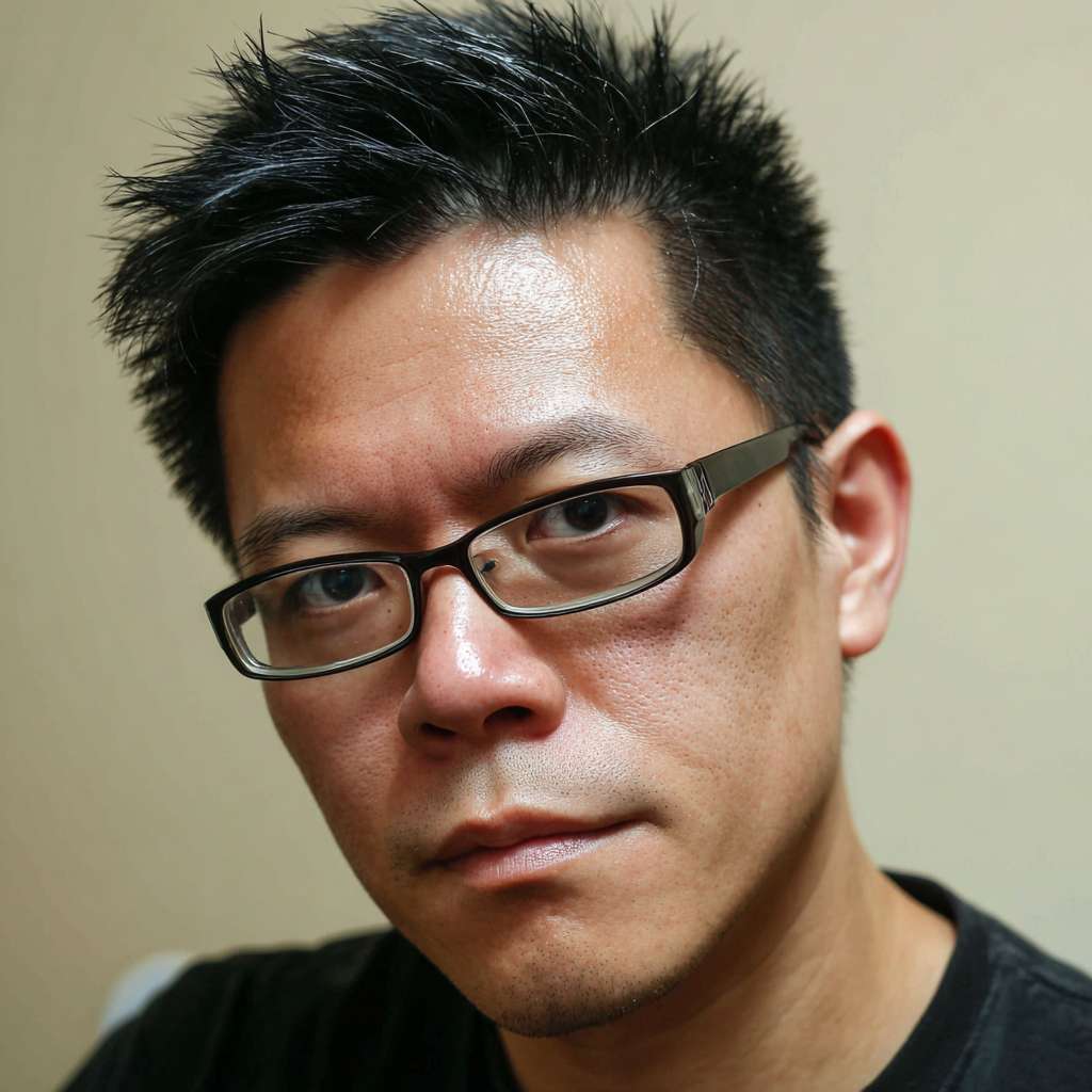 需要生成整个完整的形象，黄种人、男性、30岁的、黑色短发、黑色眼镜 --ar 1:1 --v 7 --stylize 100 --fast --no 水印
