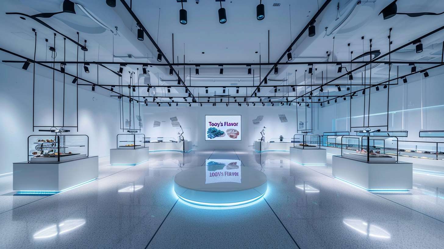 全景鸟瞰图
wide shot of futuristic food gallery, minimalist white space with 5 thematic islands connected by glowing ring corridor::2 polished terrazzo floor reflecting suspended black track lights::1.5 central hologram screen showing "Today's Flavor" animation::1.2 ambient blue glow from cooler zone::1 --ar 16:9 --v 6.0 --style raw --stylize 100 --fast --no text