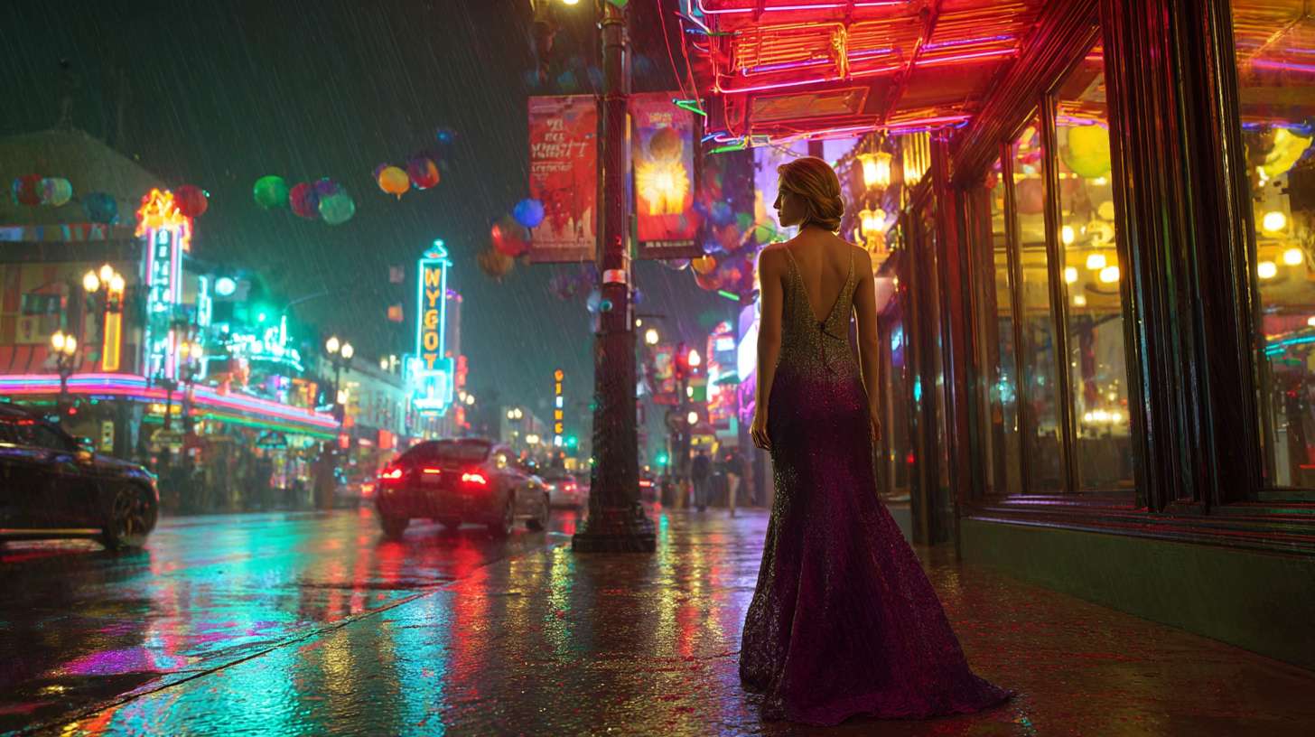 现代3D动画风格，在洛杉矶街道上的灯柱上，当时那里正下着毛毛雨。霓虹灯照在潮湿的柏油路上，一个金发女人穿着华丽的紫色长裙站在前方不远处正对着镜头 --ar 16:9 --v 7 --stylize 100 --fast --no 水印