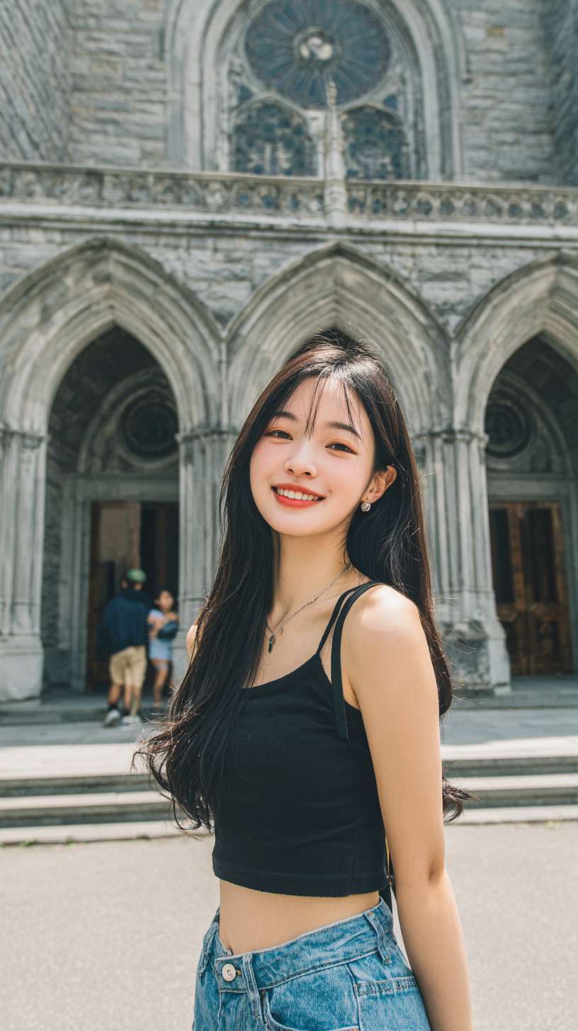 亚洲美少女，牛仔短裤，无袖吊带衫，马甲线，教堂门口大街，长发，微笑，酒窝，高清晰 --ar 9:16 --v 7 --stylize 100 --fast --no 水印,水印