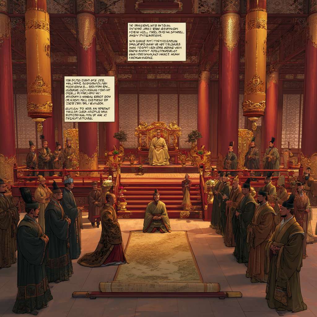 "Ancient Chinese palace hall, Northern Song dynasty, Emperor Taizong of Song sitting on a golden throne wearing a traditional imperial robe, King Qian Chu of Wuyue kneeling respectfully and presenting a rolled-up map, surrounded by Song dynasty officials and Wuyue envoys, highly detailed, cinematic lighting, historical accuracy, traditional Chinese architecture with red pillars and golden decorations, realistic style, 8K resolution, ultra-detailed." --ar 1:1 --v 7 --stylize 100 --fast