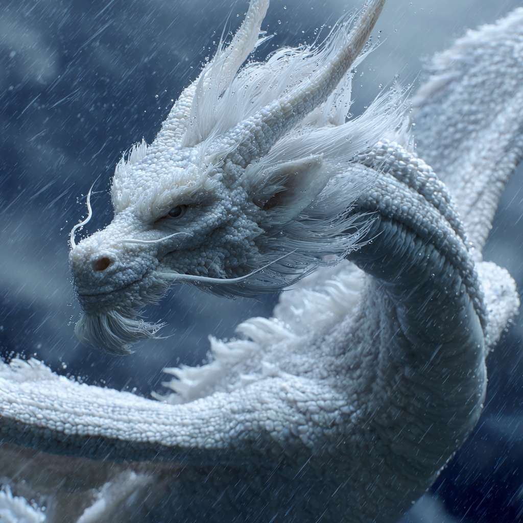 超写实 4K ，一只细节丰富的白龙在暴雨中穿行，每一片鳞片都反射着周围的光线与雨水。水珠附着在龙角与翅膀上，龙翼有力扇动，驱散雨滴与云雾。特写镜头展现龙的皮肤纹理与肌肉运动，中景镜头呈现龙在云层间穿梭的完整身姿。真实的雨水物理效果，空中可见雨滴飞溅与涟漪，光线完全遵循闪电与阴天的自然规律。 --ar 1:1 --v 7 --stylize 100 --fast --no 水印