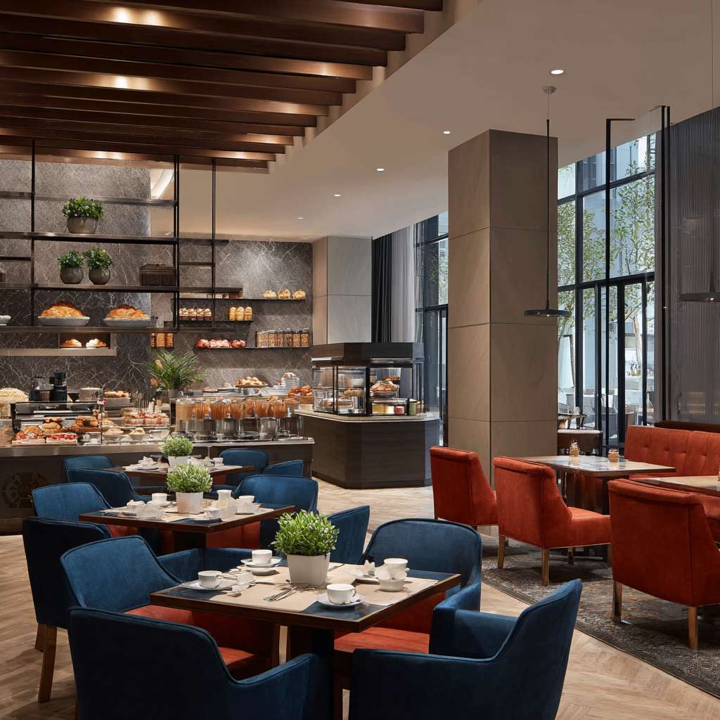 帮我做五张真实酒店餐厅早餐宣传实拍照片 --ar 1:1 --v 7 --stylize 100 --fast --no 水印