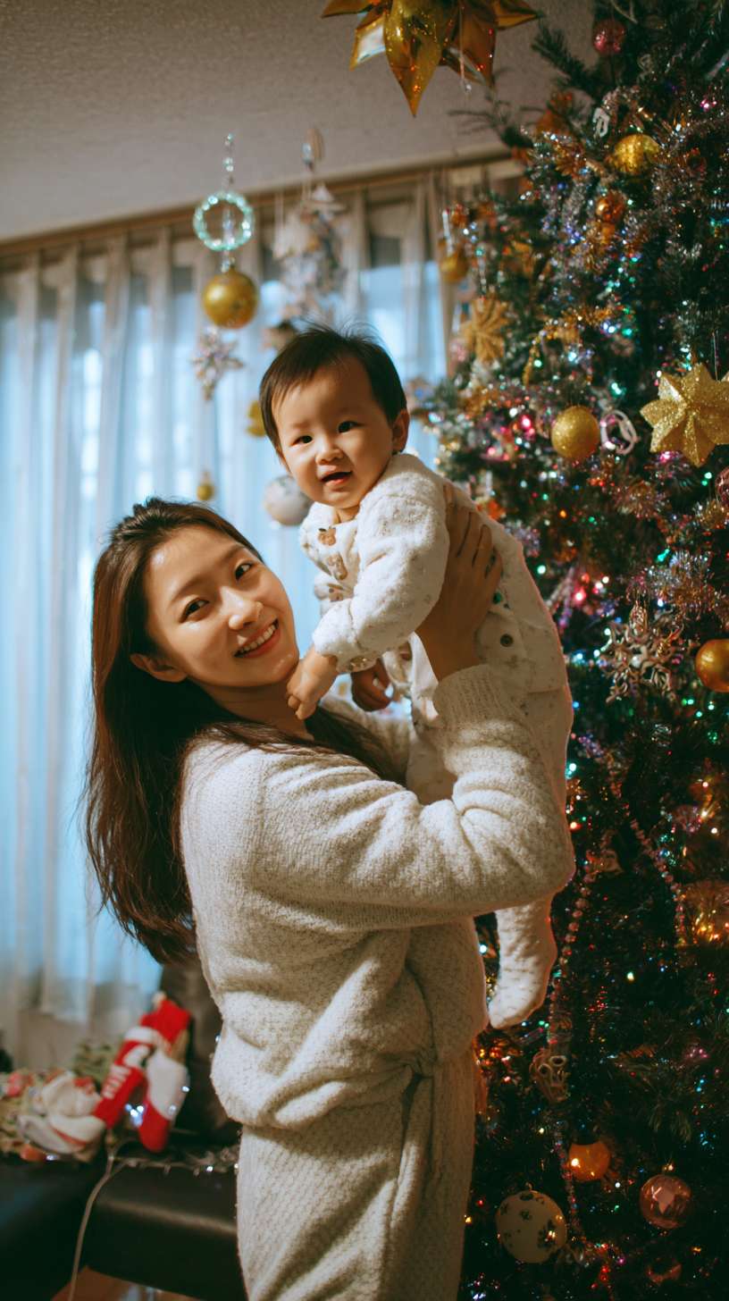 2圣诞树顶挂星星，妈妈托举孩子，树身缠绕彩灯，地面有未挂的袜子装饰，镜头从下往上推，温馨写实风欧美家庭 --ar 9:16 --v 7 --stylize 100 --fast --no 水印