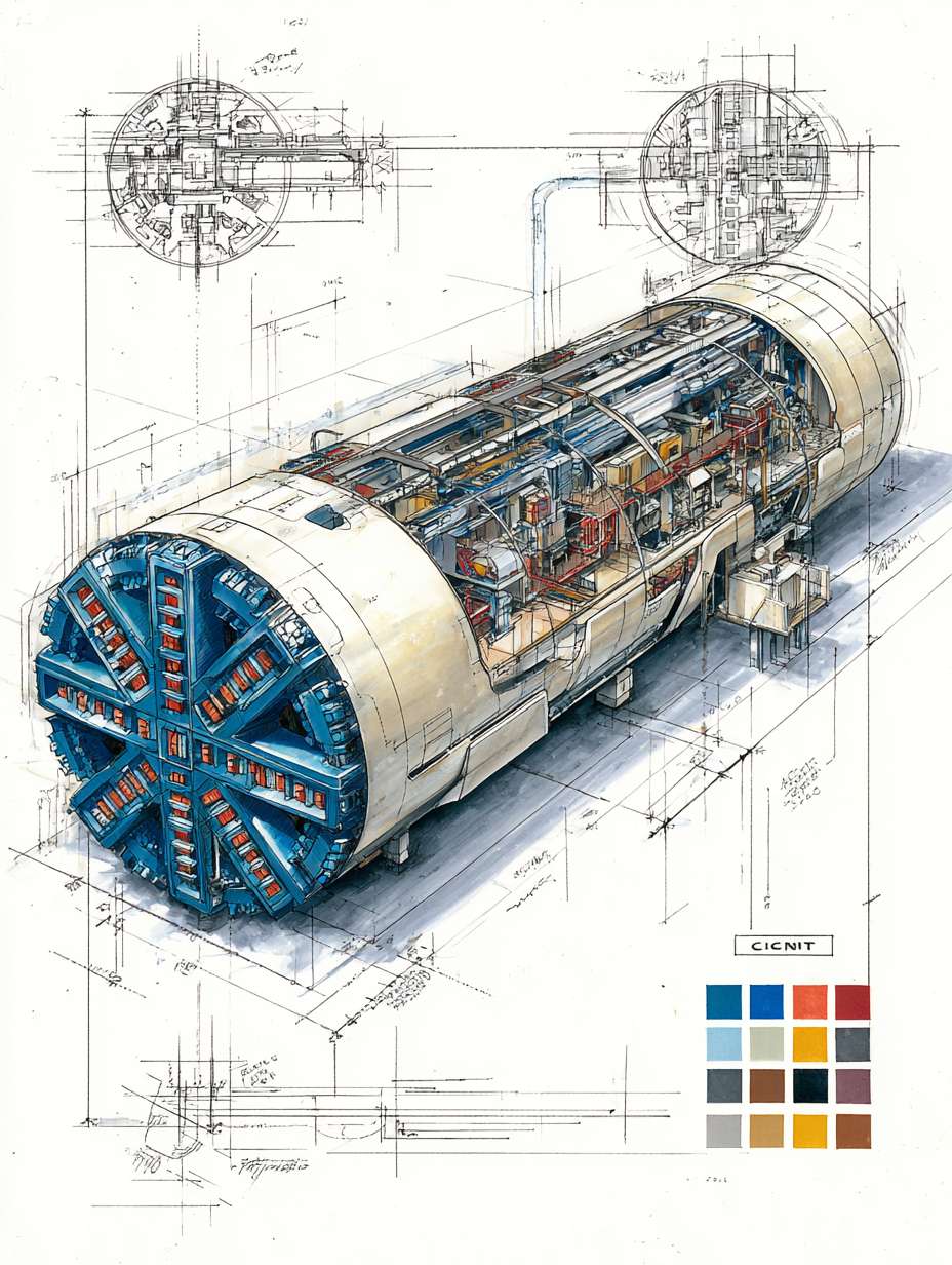 Tunnel Boring Machine (TBM) cutaway perspective blueprint illustration, dramatic wide-angle composition, three-quarter overhead view. Main subject: a highly detailed low-profile modern TBM (Earth Pressure Balance type) rendered in realistic hand-drawn watercolor sketch style, placed on clean white background. Features include: rotating cutterhead with disc cutters and scrapers, with watercolor texture and hand-drawn ink precision. Framed composition with architectural exploded-view edge sketches and directional arrows. Top-right corner includes a color palette swatch block, featuring: steel gray, industrial blue, soil brown, hydraulic red, and lining concrete white. --ar 3:4 --v 7 --stylize 100 --fast