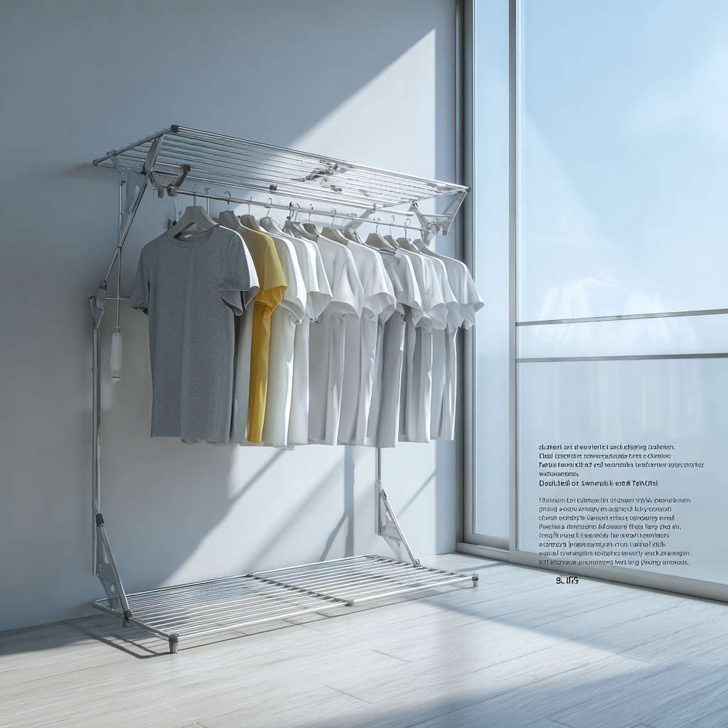 "Minimalist titanium clothes drying rack, double-layer design with retractable arms, wet T-shirts hanging under sunlight, modern balcony setting with floor-to-ceiling windows, matte metal texture with smooth joints, folded state showing 8cm thickness against white wall, photorealistic product photography, soft shadows, 4K detail" --ar 1:1 --v 7 --stylize 100 --fast