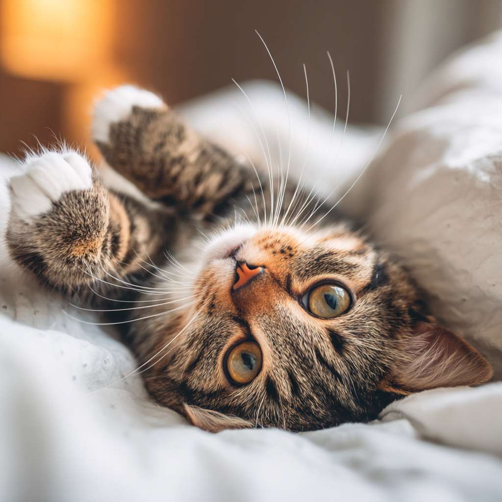 一只布偶猫，仰面朝天躺在柔软的床上，爪子在空中挥舞，表情享受，照片级真实感，4k，超详细，温馨治愈 --ar 1:1 --v 7 --stylize 100 --fast --no 水印