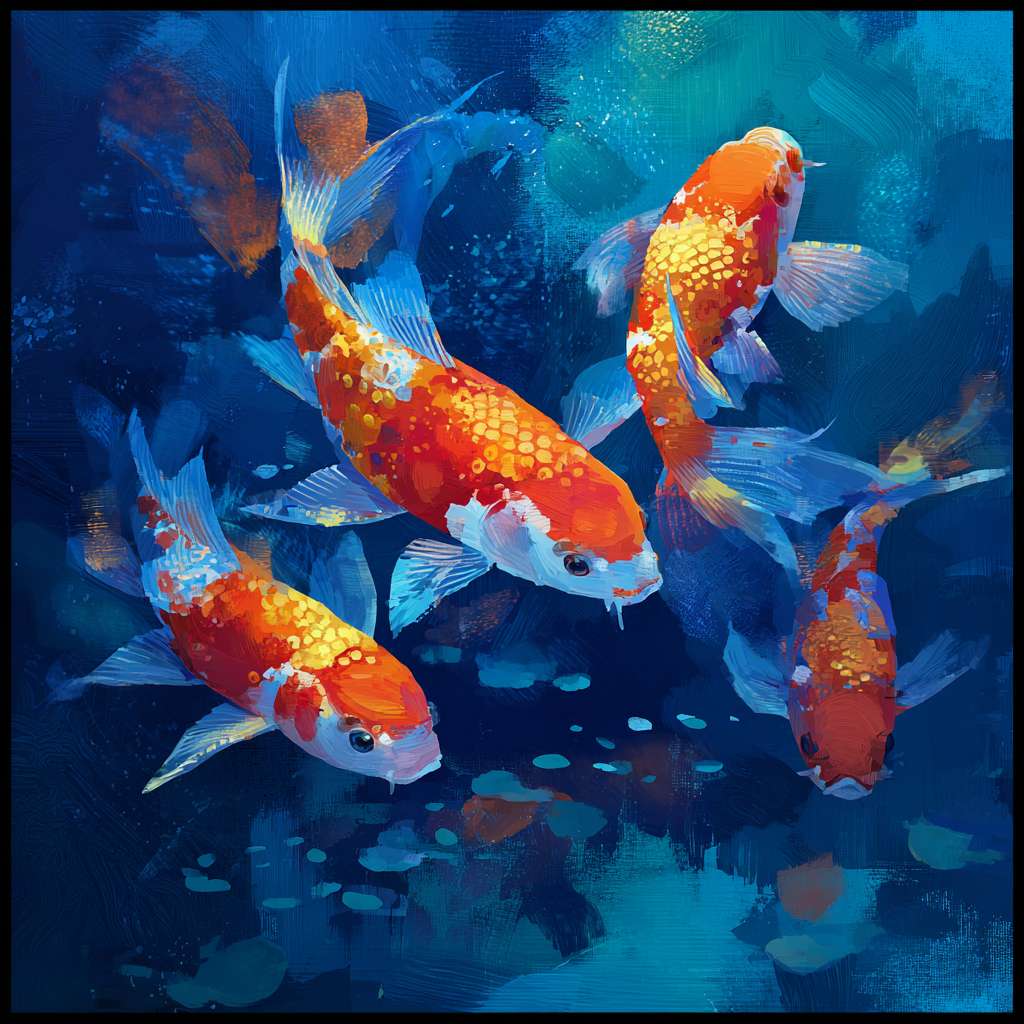 Vibrant underwater scene: blue water, 五彩光影，and dynamic koi, 粗笔触 for texture, 细笔触 for agility, abstract. --ar 1:1 --v 7 --stylize 100 --fast --no 水印