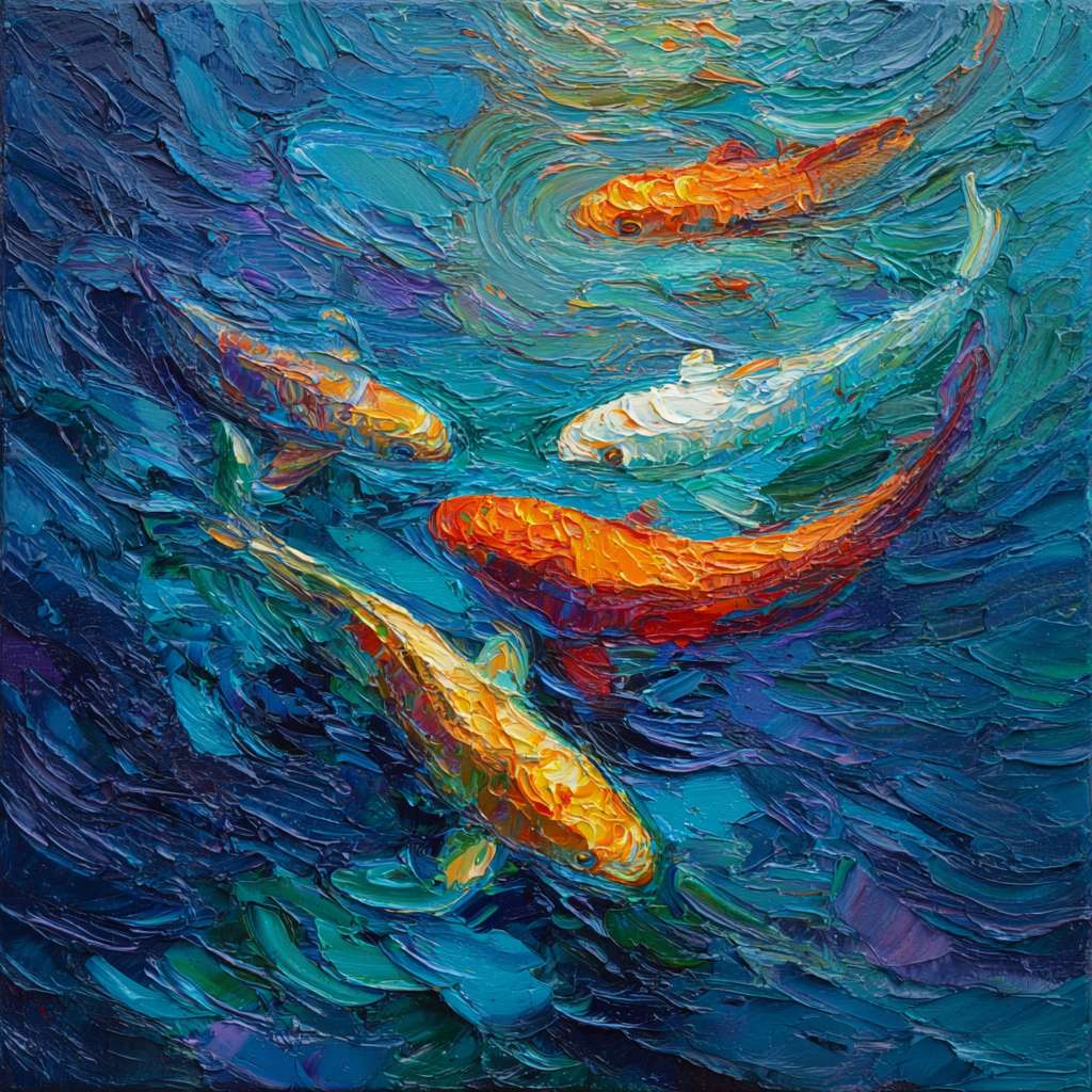Surreal koi in blue aquatic world, 五彩光影 refracting through water, thick impasto for waves, thin lines for fish contours, oil. --ar 1:1 --v 7 --stylize 100 --fast --no 水印
