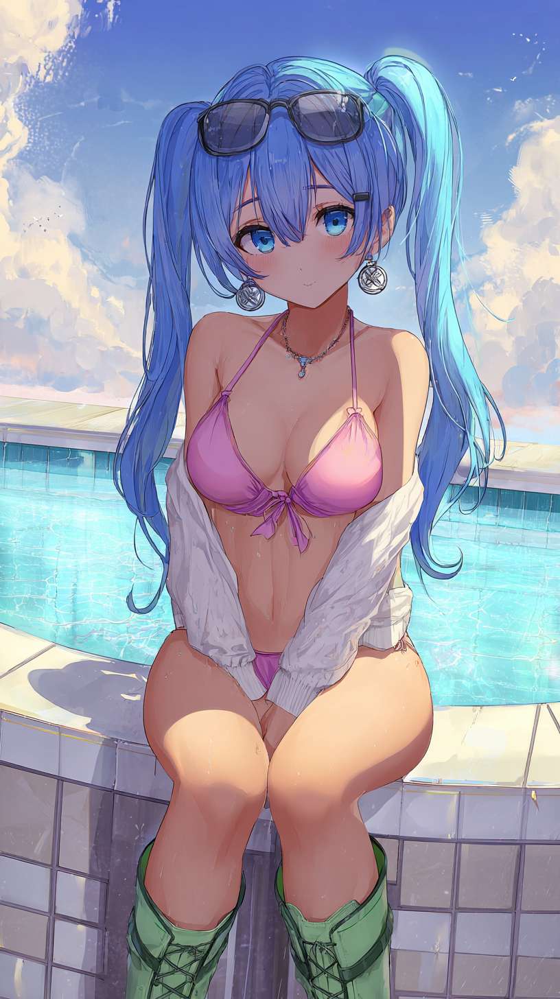 真人长发美少女，蓝色瞳孔，在泳池边穿着粉色比基尼，纤腰长腿，腿上穿着过膝的白色长袜，脚上穿浅绿色长靴，银色耳坠 --ar 9:16 --v 7 --stylize 100 --fast --no 水印