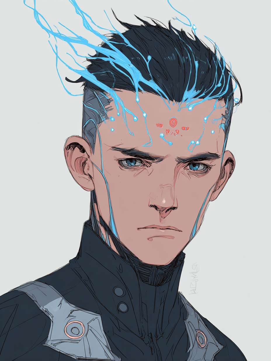 绘制一个男生的正面全身图要求如下头部设计：保留哪吒标志性的 “火焰感” 发型，黑色短发中挑染三缕明亮的蓝色火焰发丝，额前发丝微微上翘，模拟火焰飘动形态。左侧太阳穴处有一道银色机械接口，平时隐藏在发丝下，战斗时会弹出蓝色能量纹路，延伸至下颌。面部妆容简洁，仅在眼尾处用红色颜料绘制细小火焰图腾，眼神锐利，瞳孔在情绪激动时会泛出淡蓝色微光。
    上身设计：内搭黑色紧身速干衣，衣料上印有暗纹火焰图案。外覆银色分段式机械战甲，肩部装甲呈三角形，边缘有锯齿状设计（兼具防御与近战功能），装甲表面刻有红色古代符文（对应哪吒的 “混天绫” 元素。胸口是圆形能量核心，外层包裹透明合金罩，内部蓝色火焰状能量随呼吸起伏，核心下方印有 “云祥” 二字。双臂为可变形机械臂，，战斗时展开为银色机械结构，手掌心有凹槽，可凝聚火焰能量。
    下身设计：穿着黑色工装裤，裤腿侧边有拉链口袋，膝盖处装有黑色防撞护膝，护膝表面有蓝色电路纹路。腰部系着宽版黑色皮带，左侧挂着父亲遗留的摩托钥匙（金属材质，钥匙链是小型火焰吊坠），右侧挂着战术匕首（刀柄缠绕红色皮质绳，模拟混天绫质感）。脚部为黑色高帮机械战靴，靴底有防滑纹路，鞋跟处装有小型推进装置，靴筒外侧印有蓝色火焰标识。 --ar 3:4 --v 7 --stylize 100 --fast --no 水印