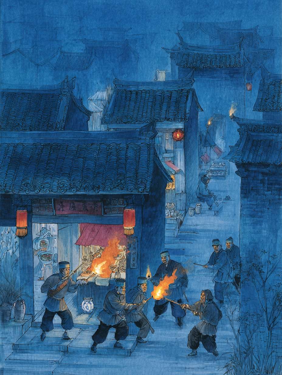 宋代风格江洋大盗夜袭商铺场景，蒙面盗贼手持火把，瓷器店、首饰店和绸缎庄的掌柜惊慌失措，古代中国街道夜景，水墨画风格，深蓝色调 --ar 3:4 --v 7 --stylize 100 --fast --no 水印