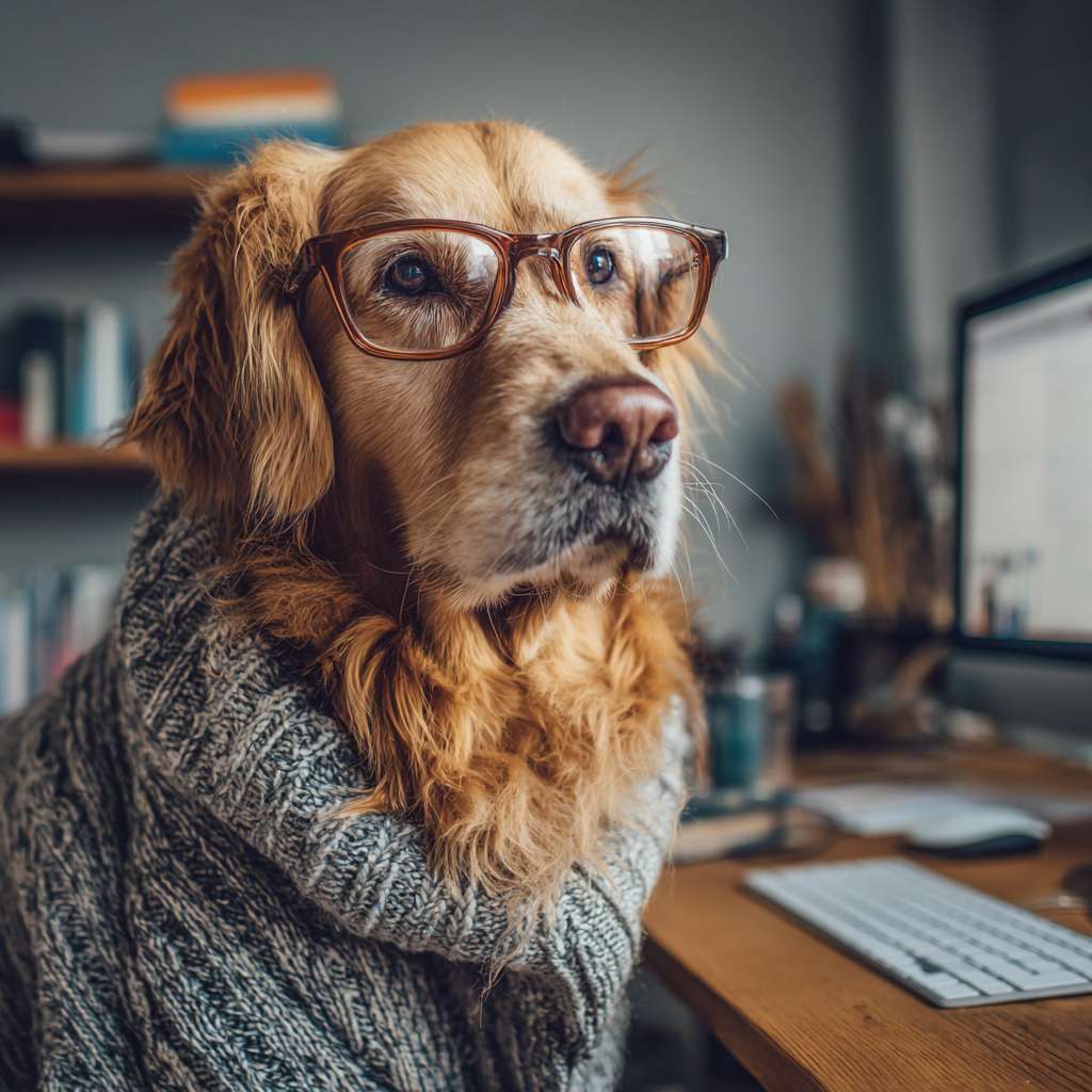 【主体描述】：一只金色的成年金毛犬
【细节描述】：穿着舒适的毛衣，戴着眼镜，表情困惑
【环境/场景】：坐在一个充满书籍的现代化办公室里，看着电脑屏幕
【风格/画质】：照片级真实感，电影灯光，4K，超高细节 --ar 1:1 --v 7 --stylize 100 --fast --no 水印